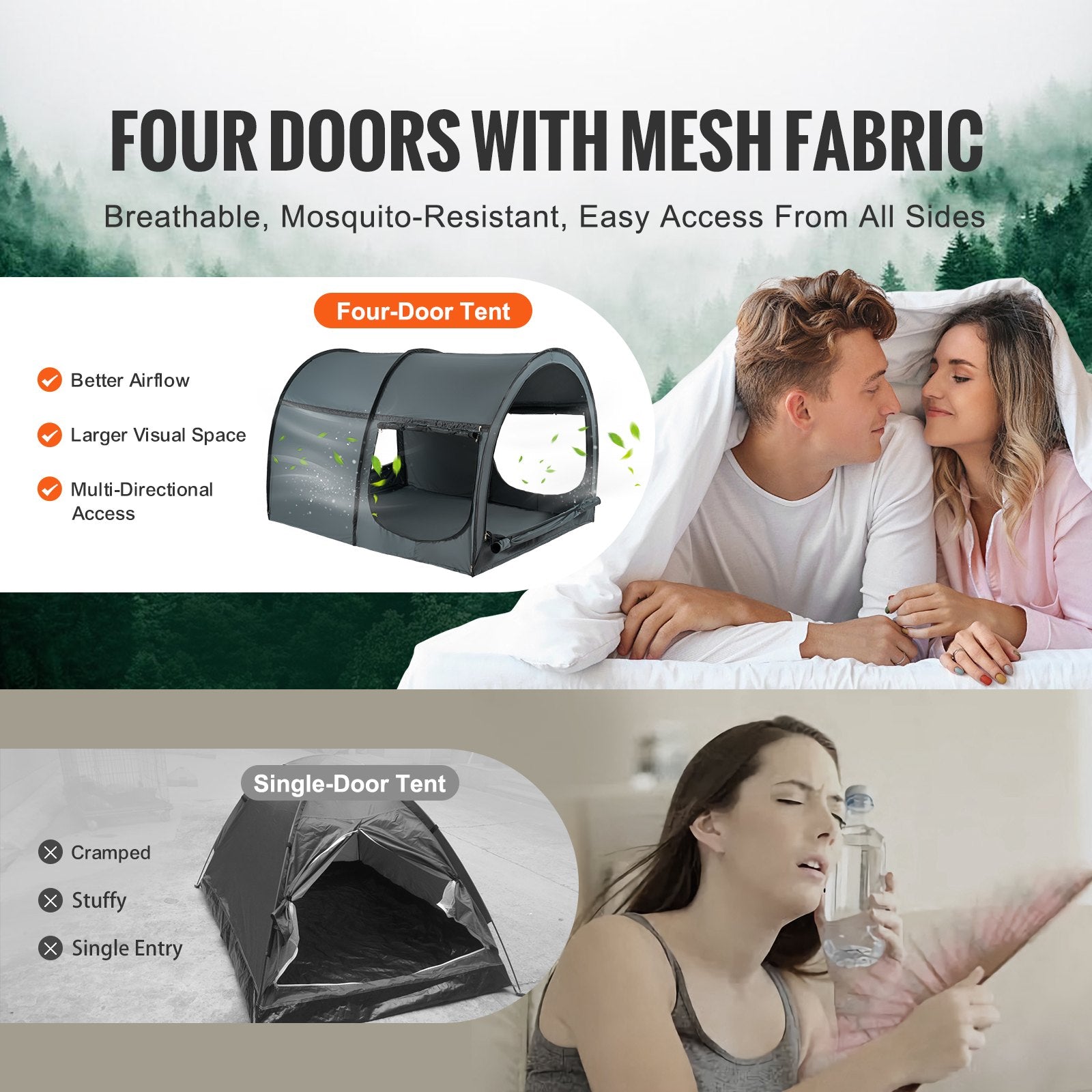 Tents: VEVOR Bed Tent, Pongee Fabric, 4 Doors Breathable Dream Tent with 7 mm Fiber Poles on Bed Privacy, Full Size Block out Light Sleeping Bed Canopy, Fit for Kids Playhouse and Adults Sleeping Tent