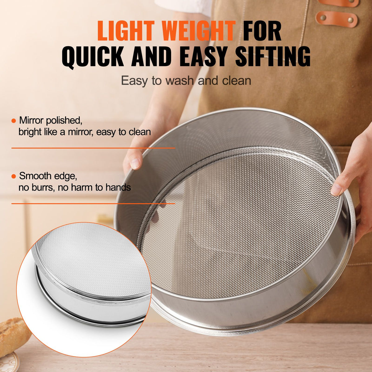 Flour Sieve Fine Mesh, 10 Mesh Flour Sifter, 304 Stainless Steel Fine Mesh Sifter Food-grade, Dia. 12.6" Fine Mesh Strainers for Baking, 5 Sizes Mesh hole for Mungbean, Rice, Flour, Pearl Powder