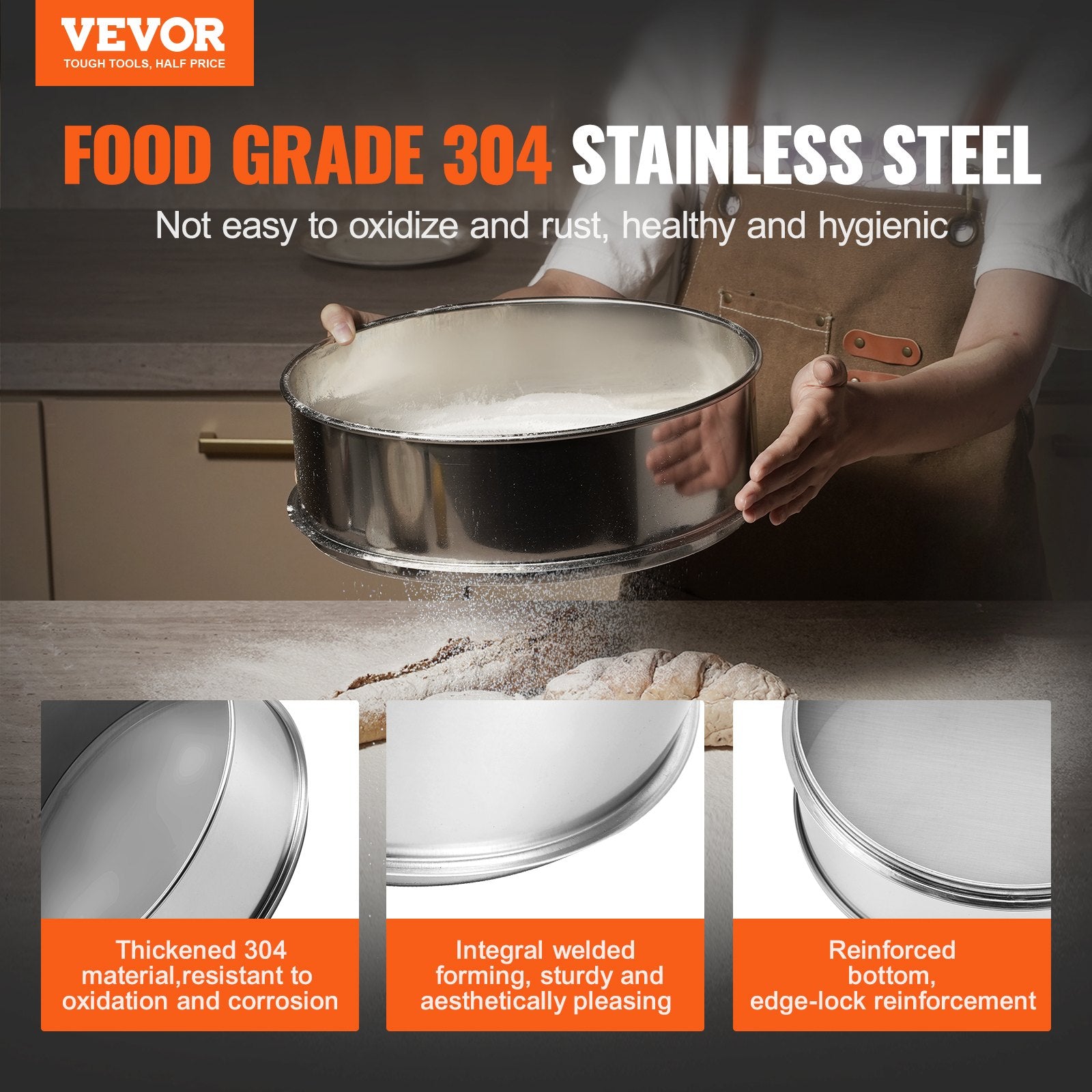 Food Storage: VEVOR Flour Sieve Fine Mesh, 80 Mesh Flour Sifter, 304 Stainless Steel Fine Mesh Sifter Food-grade, Dia. 12.6" Fine Mesh Strainers for Baking, 5 Sizes Mesh hole for Mungbean, Rice, Flour, Pearl Powder