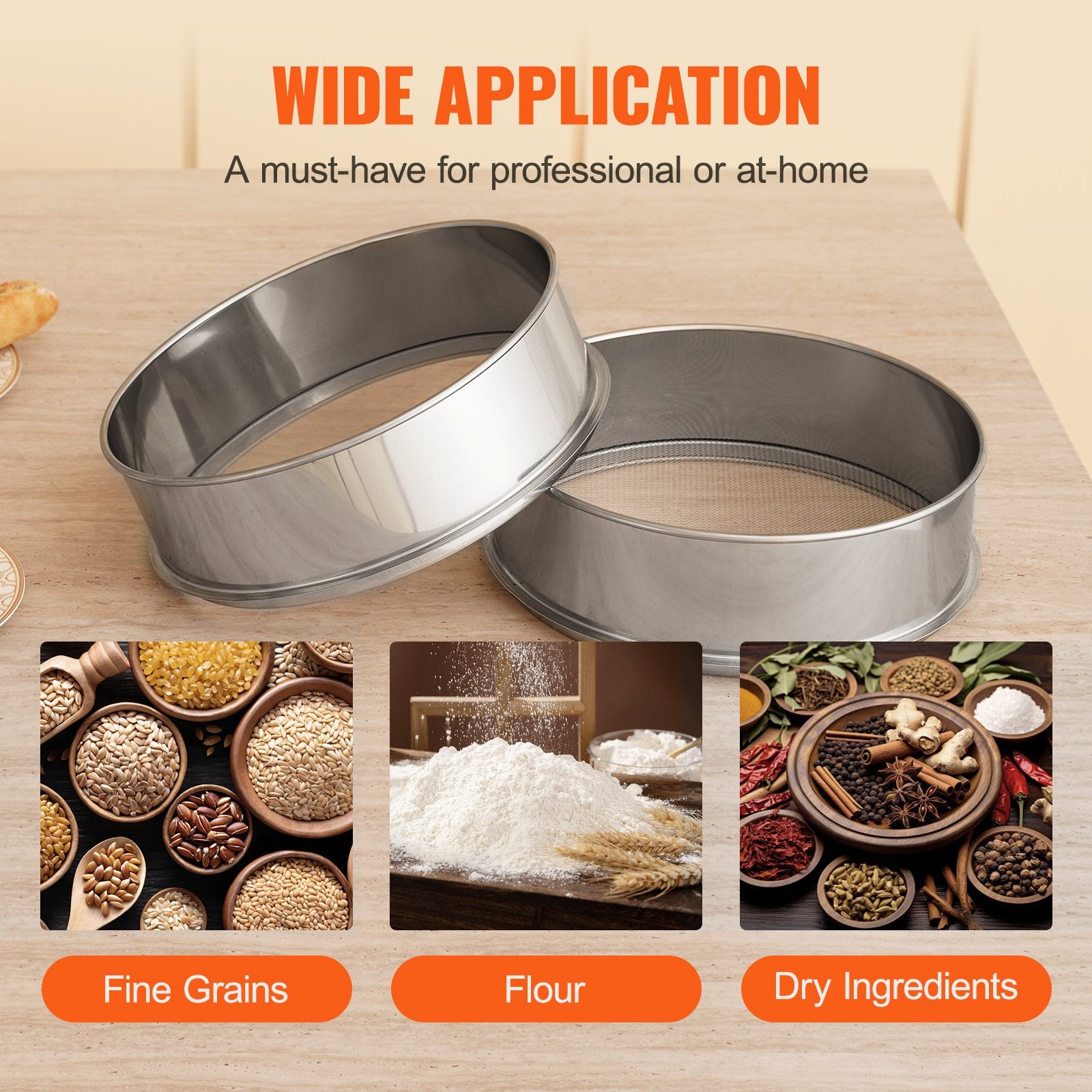 Food Storage: VEVOR Flour Sieve Fine Mesh, 80 Mesh Flour Sifter, 304 Stainless Steel Fine Mesh Sifter Food-grade, Dia. 12.6" Fine Mesh Strainers for Baking, 5 Sizes Mesh hole for Mungbean, Rice, Flour, Pearl Powder