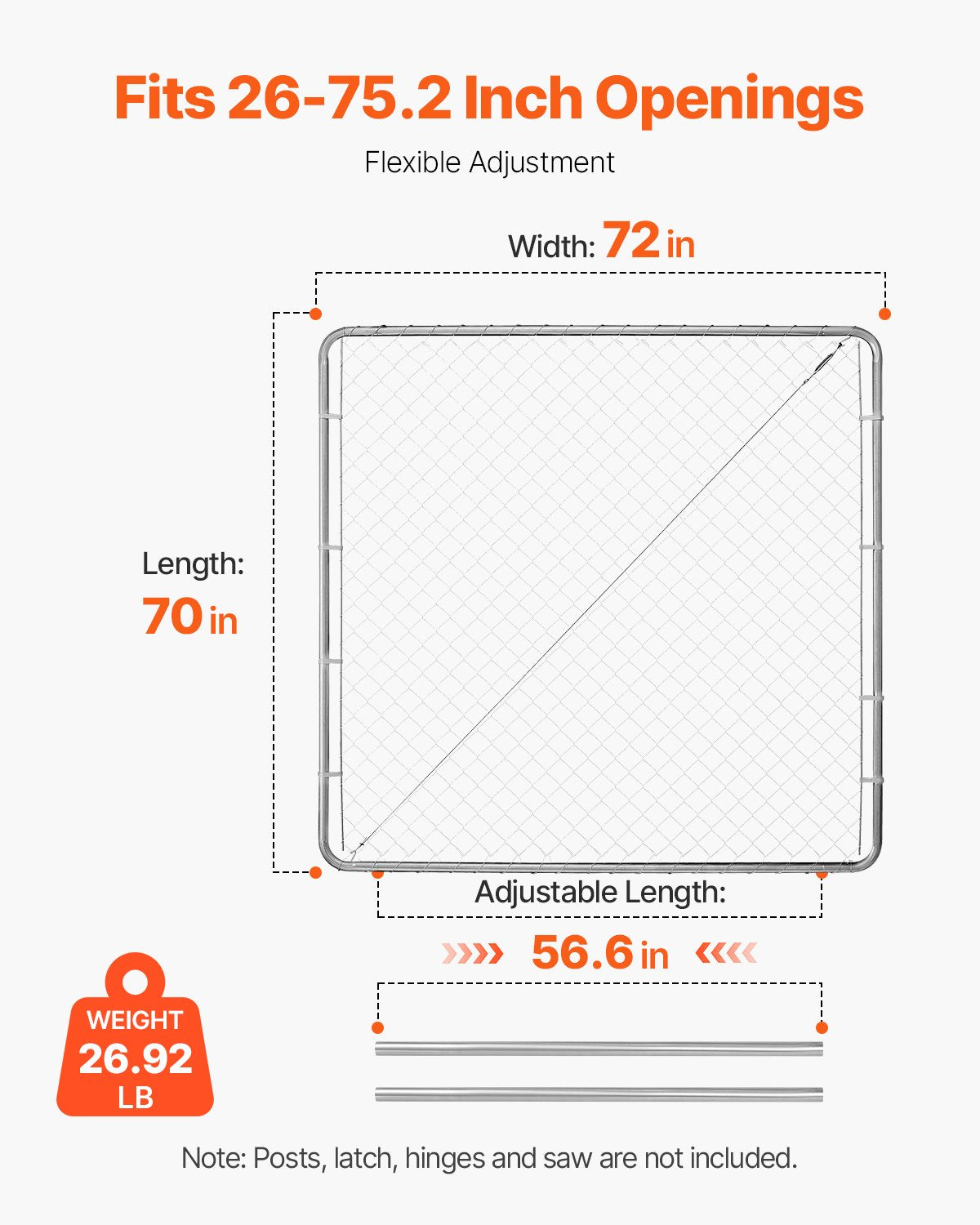 Fence & Gate Accessories: VEVOR Chain Link Fence Gate, 70 x 72 in, Adjustable Chain Link Fence Panel, Fit 3 ft (W) x 4 ft (H) Garden Fence Gate Opening, Rust-Resistant Galvanized Fencing Gate for Farm Posts Not Included