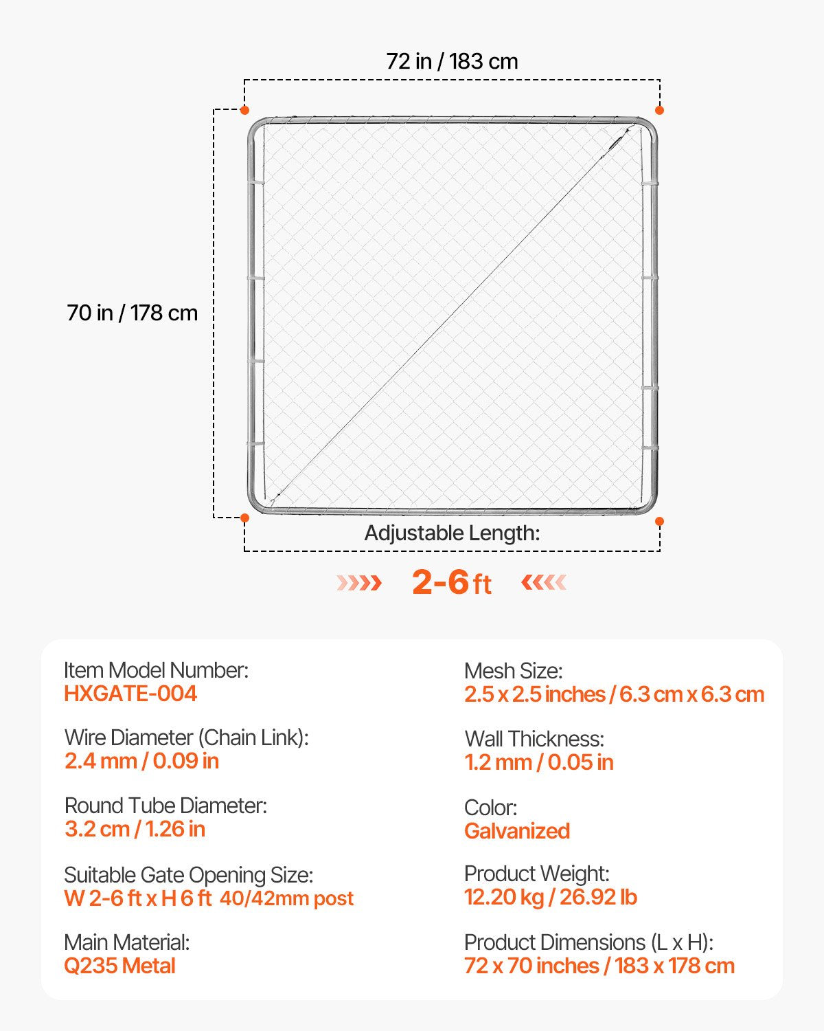 Fence & Gate Accessories: VEVOR Chain Link Fence Gate, 70 x 72 in, Adjustable Chain Link Fence Panel, Fit 3 ft (W) x 4 ft (H) Garden Fence Gate Opening, Rust-Resistant Galvanized Fencing Gate for Farm Posts Not Included