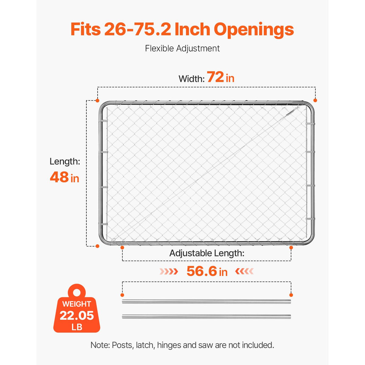 Chain Link Fence Gate, 183 x 122 cm, Adjustable Chain Link Fence Panel, Fit 67-183 cm (W) x 183 cm (H) Garden Fence Gate Opening, Rust-Resistant Galvanized Fencing Gate for Farm, Posts Not Included