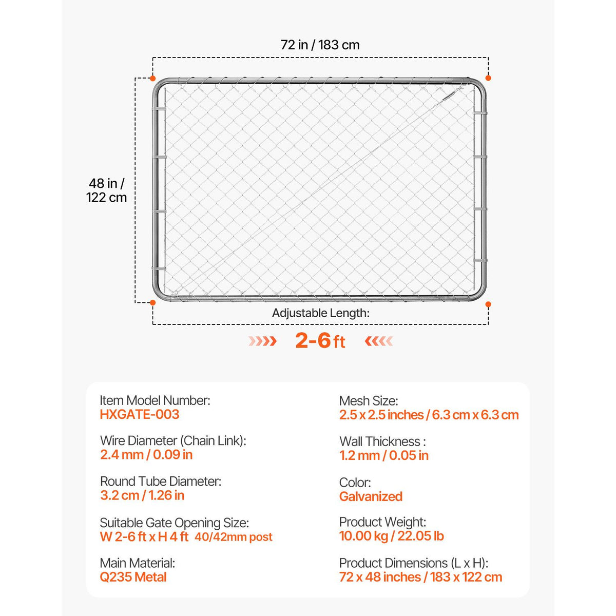 Chain Link Fence Gate, 183 x 122 cm, Adjustable Chain Link Fence Panel, Fit 67-183 cm (W) x 183 cm (H) Garden Fence Gate Opening, Rust-Resistant Galvanized Fencing Gate for Farm, Posts Not Included
