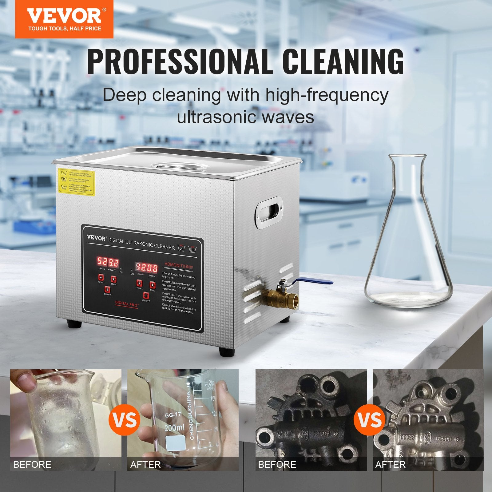 Ultrasonic Cleaner with Digital Timer & Heater, Professional Ultra Sonic Jewelry Cleaner, Stainless Steel Heated Cleaning Machine for Glasses Watch Rings Small Parts Circuit Board (10L)