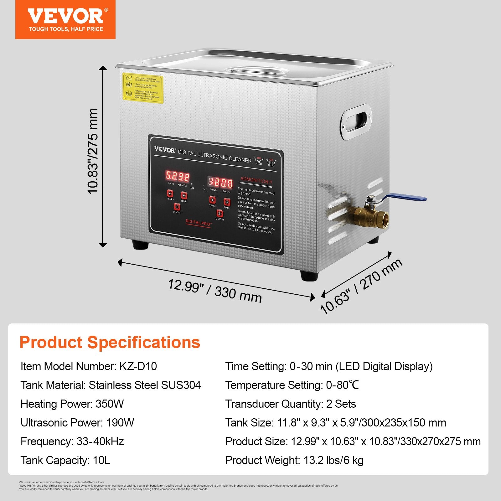 Ultrasonic Cleaner with Digital Timer & Heater, Professional Ultra Sonic Jewelry Cleaner, Stainless Steel Heated Cleaning Machine for Glasses Watch Rings Small Parts Circuit Board (10L)