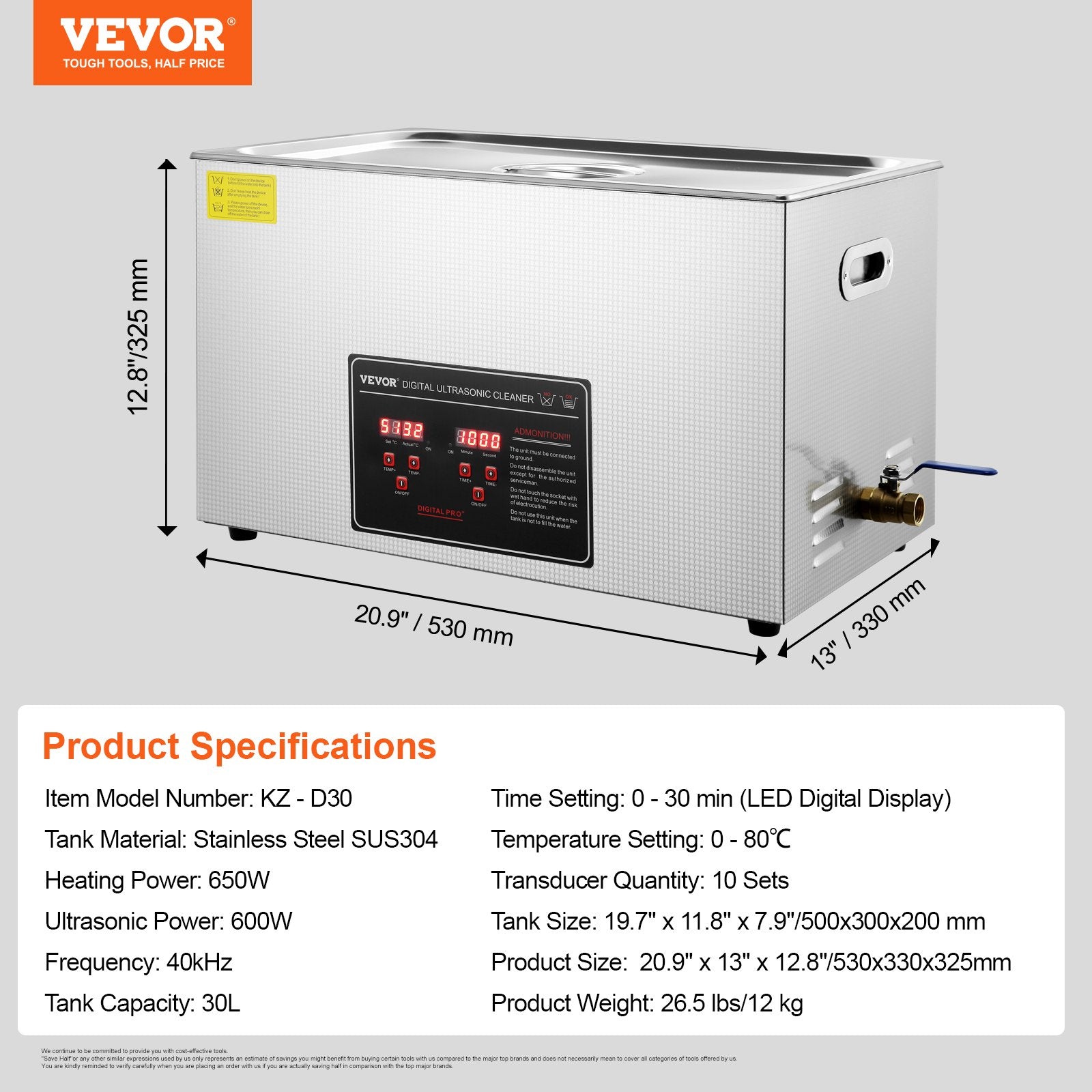 Ultrasonic Cleaner with Digital Timer & Heater, Professional Ultra Sonic Jewelry Cleaner, Stainless Steel Heated Cleaning Machine for Glasses Watch Rings Small Parts Circuit Board (30L)
