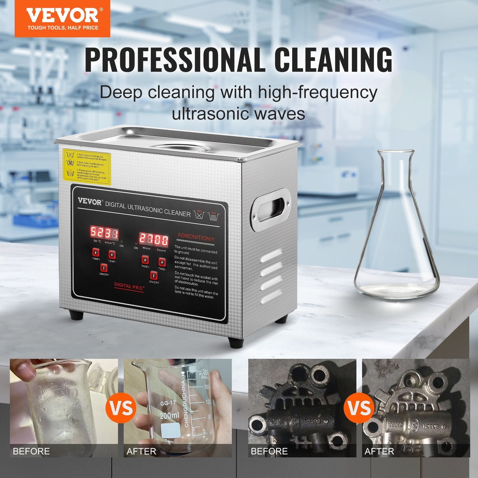 Ultrasonic Cleaner with Digital Timer & Heater, Professional Ultra Sonic Jewelry Cleaner, Stainless Steel Heated Cleaning Machine for Glasses Watch Rings Small Parts Circuit Board (3L)