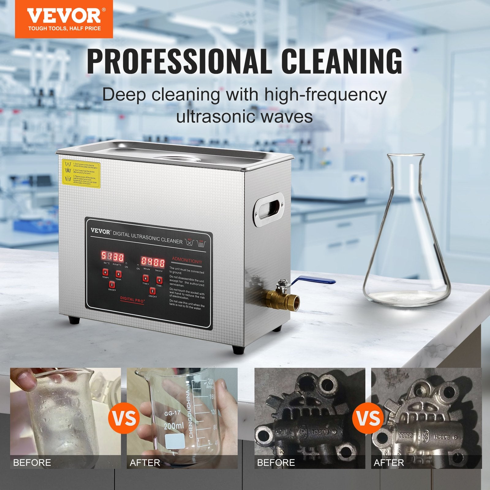 Gardening Tools: VEVOR Ultrasonic Cleaner with Digital Timer & Heater, Professional Ultra Sonic Jewelry Cleaner, Stainless Steel Heated Cleaning Machine for Glasses Watch Rings Small Parts Circuit Board (6L)