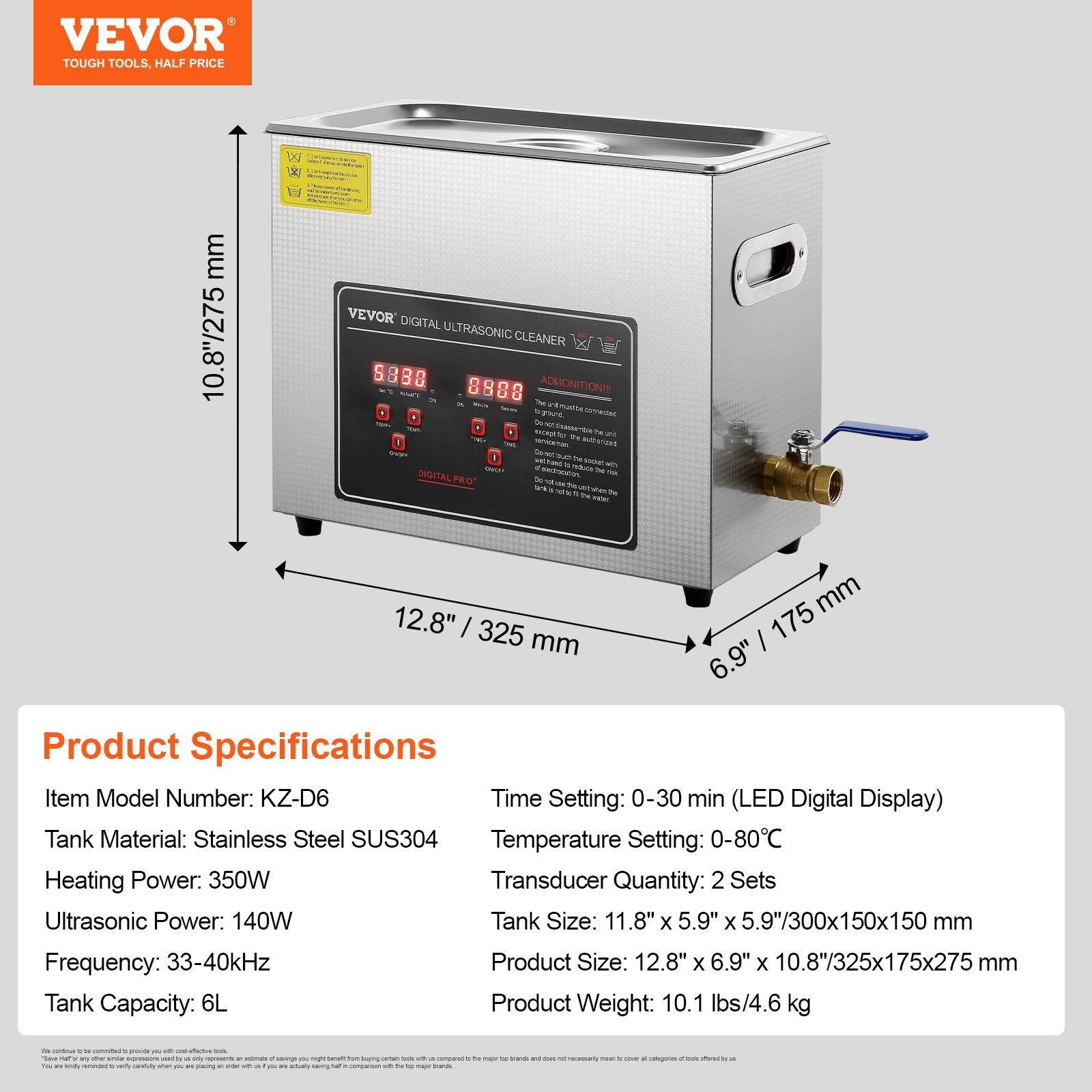 Gardening Tools: VEVOR Ultrasonic Cleaner with Digital Timer & Heater, Professional Ultra Sonic Jewelry Cleaner, Stainless Steel Heated Cleaning Machine for Glasses Watch Rings Small Parts Circuit Board (6L)