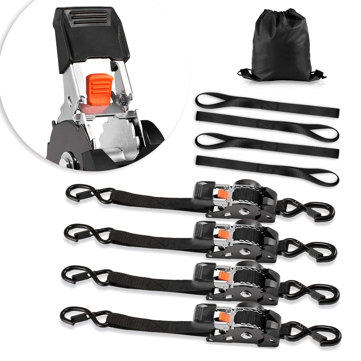Retractable Ratchet Straps, 25.4 mm x 3 m, Tie Down Straps with S Hooks, 544 kg Break Strength, 4 Soft Loops, Tie Down Ratcheting for Moving, Trailers, Motorcycles, Kayaks, Car Roof, 4 Pack