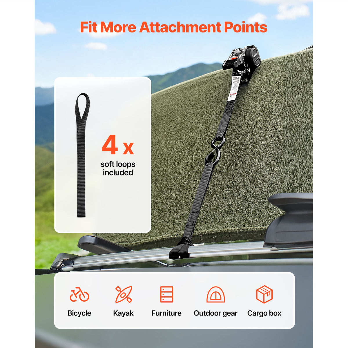Retractable Ratchet Straps, 25.4 mm x 3 m, Tie Down Straps with S Hooks, 544 kg Break Strength, 4 Soft Loops, Tie Down Ratcheting for Moving, Trailers, Motorcycles, Kayaks, Car Roof, 4 Pack