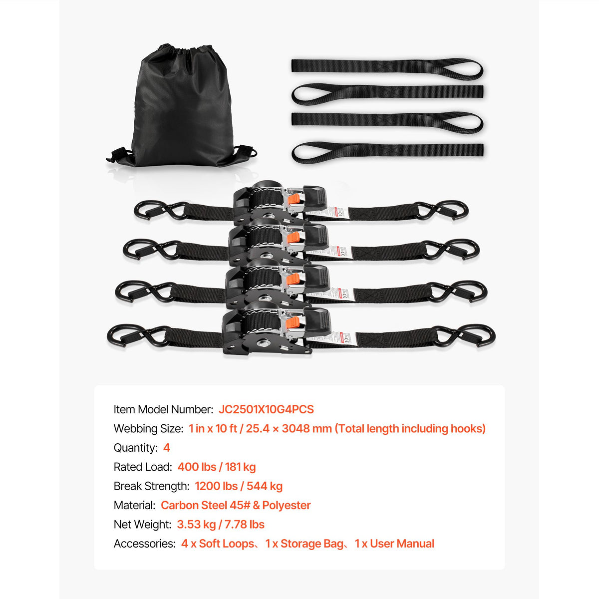 Retractable Ratchet Straps, 25.4 mm x 3 m, Tie Down Straps with S Hooks, 544 kg Break Strength, 4 Soft Loops, Tie Down Ratcheting for Moving, Trailers, Motorcycles, Kayaks, Car Roof, 4 Pack