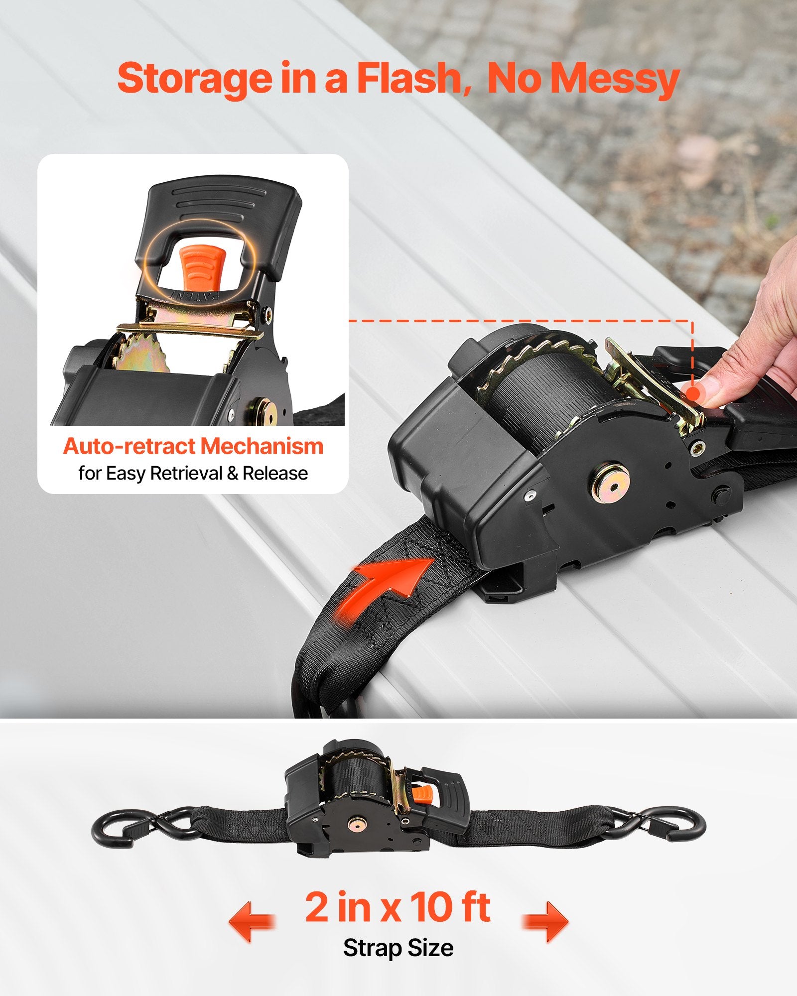 Test Kits: VEVOR Retractable Ratchet Straps, 50.8 mm x 3 m, Tie Down Straps with S Hooks, 1375 kg Break Strength, 2 Soft Loops, Tie Down Ratcheting for Moving, Trailers, Motorcycles, Kayaks, Car Roof, 2 Pack