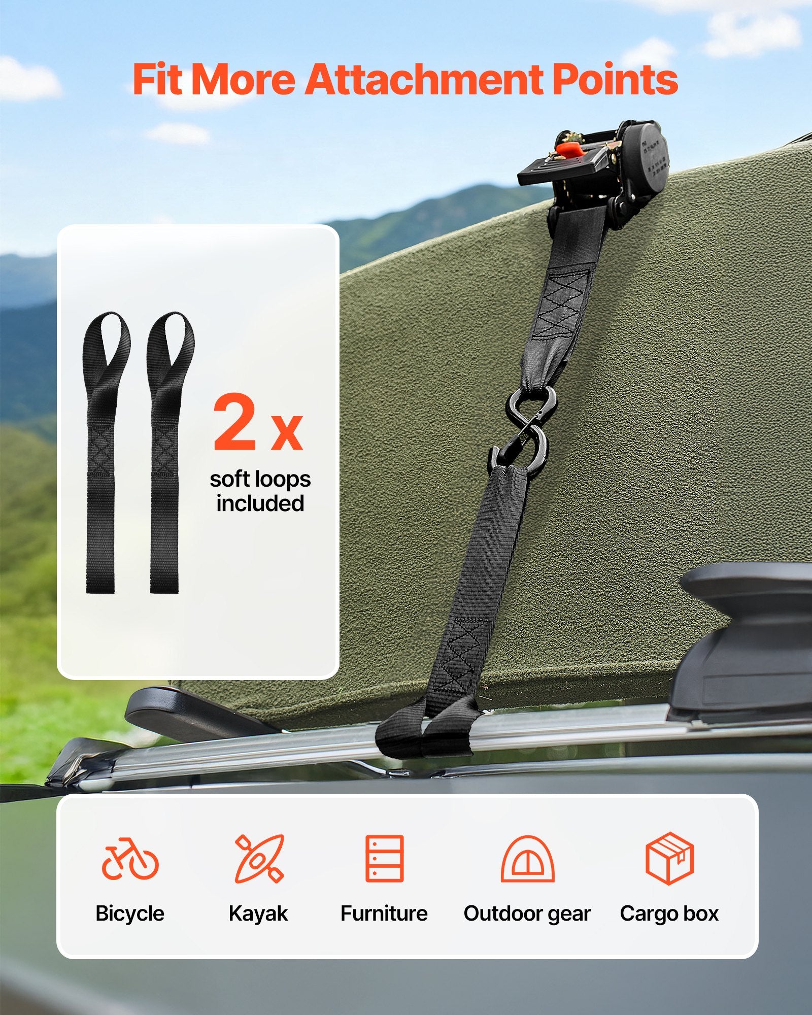 Test Kits: VEVOR Retractable Ratchet Straps, 50.8 mm x 3 m, Tie Down Straps with S Hooks, 1375 kg Break Strength, 2 Soft Loops, Tie Down Ratcheting for Moving, Trailers, Motorcycles, Kayaks, Car Roof, 2 Pack