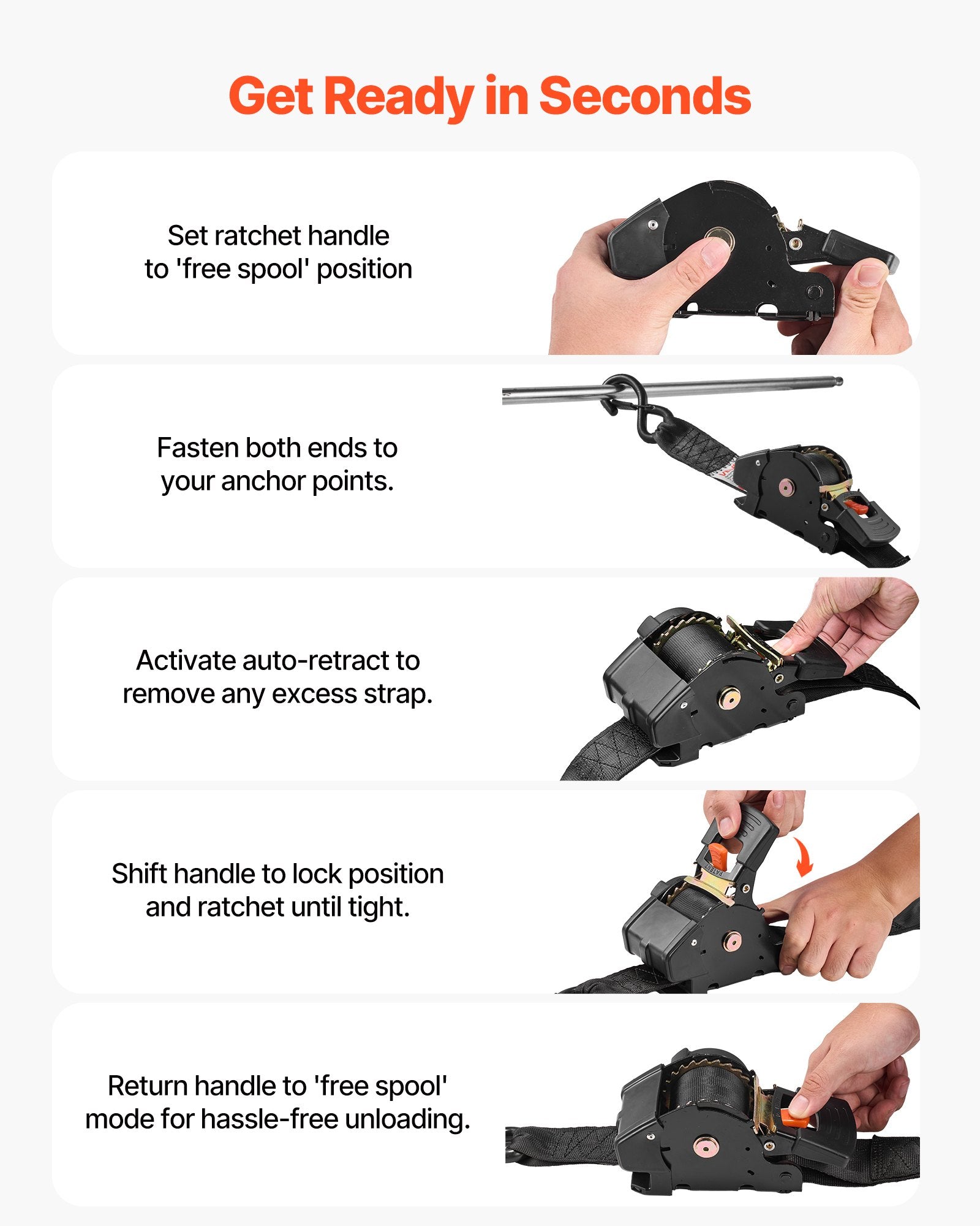 Test Kits: VEVOR Retractable Ratchet Straps, 50.8 mm x 3 m, Tie Down Straps with S Hooks, 1375 kg Break Strength, 2 Soft Loops, Tie Down Ratcheting for Moving, Trailers, Motorcycles, Kayaks, Car Roof, 2 Pack