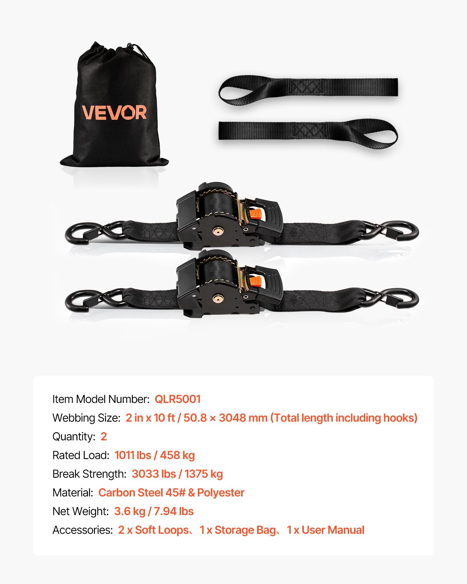 Test Kits: VEVOR Retractable Ratchet Straps, 50.8 mm x 3 m, Tie Down Straps with S Hooks, 1375 kg Break Strength, 2 Soft Loops, Tie Down Ratcheting for Moving, Trailers, Motorcycles, Kayaks, Car Roof, 2 Pack