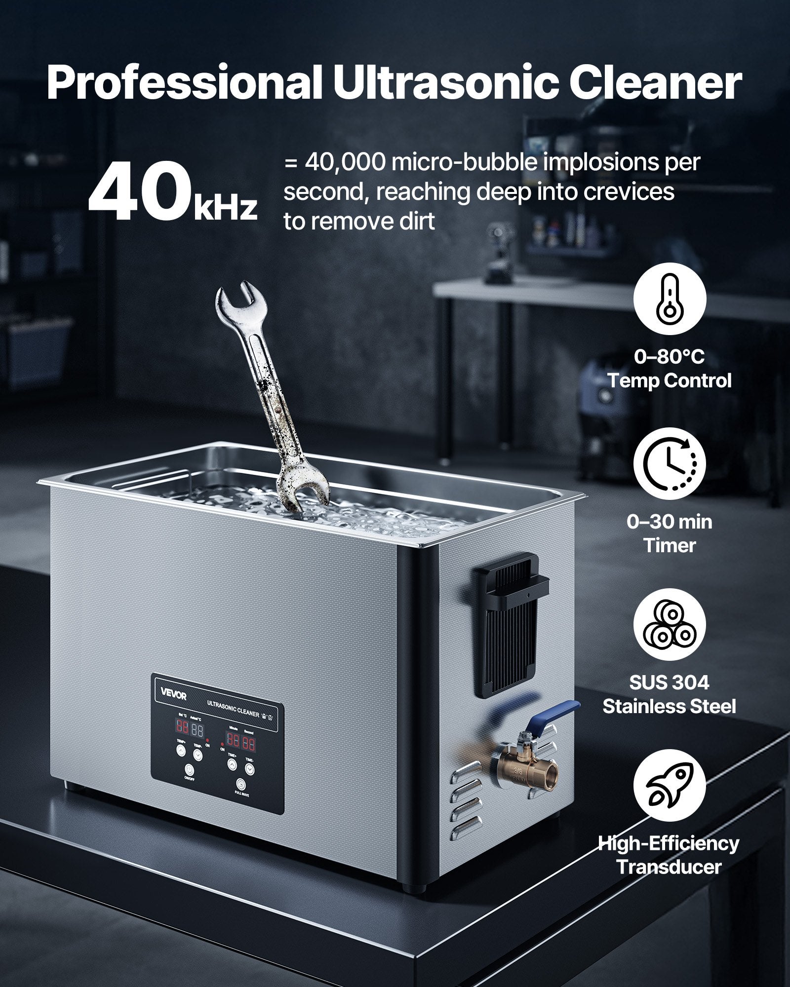 Jewellery Cleaners: VEVOR 30L Ultrasonic Cleaner, Professional Ultrasonic Cleaner Machine with Cleaning Basket & Digital Display, 480W Stainless Steel 40kHz Industrial Cleaning Machine for Parts, Carburetors, Instruments