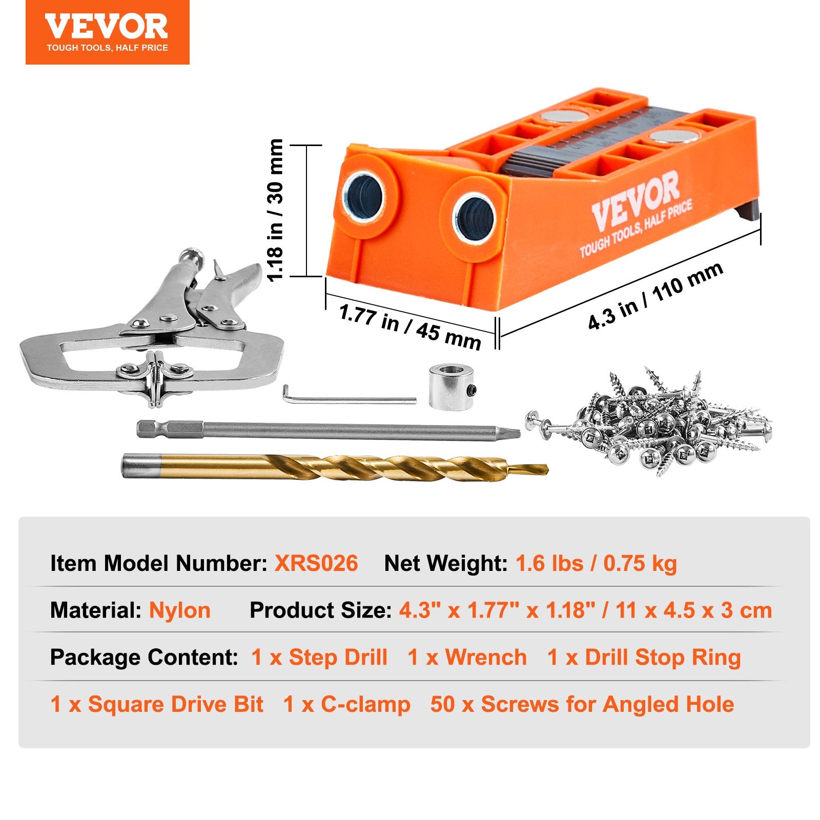 Power & Electrical Supplies: VEVOR Pocket Hole Jig, 56 Pcs Mini Jig Pocket Hole System with C-clamp, Step Drill, Wrench, Drill Stop Ring, Square Drive Bit, and Screws, for DIY Carpentry Projects