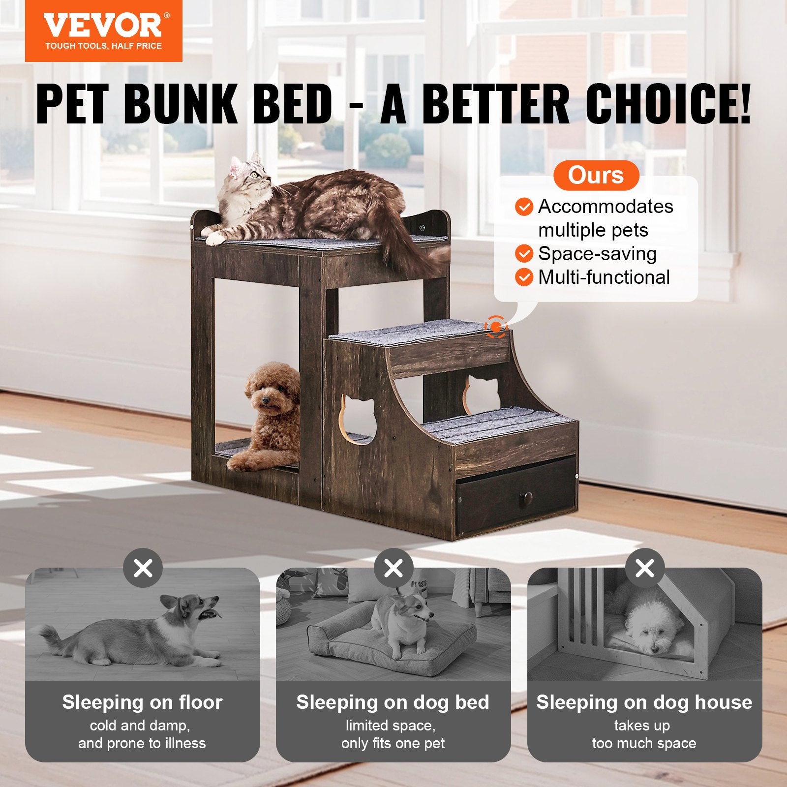 Cat Furniture: VEVOR Pet Bunk Bed with Stairs Dog/Cat Window Perch with Storage Indoor Gray