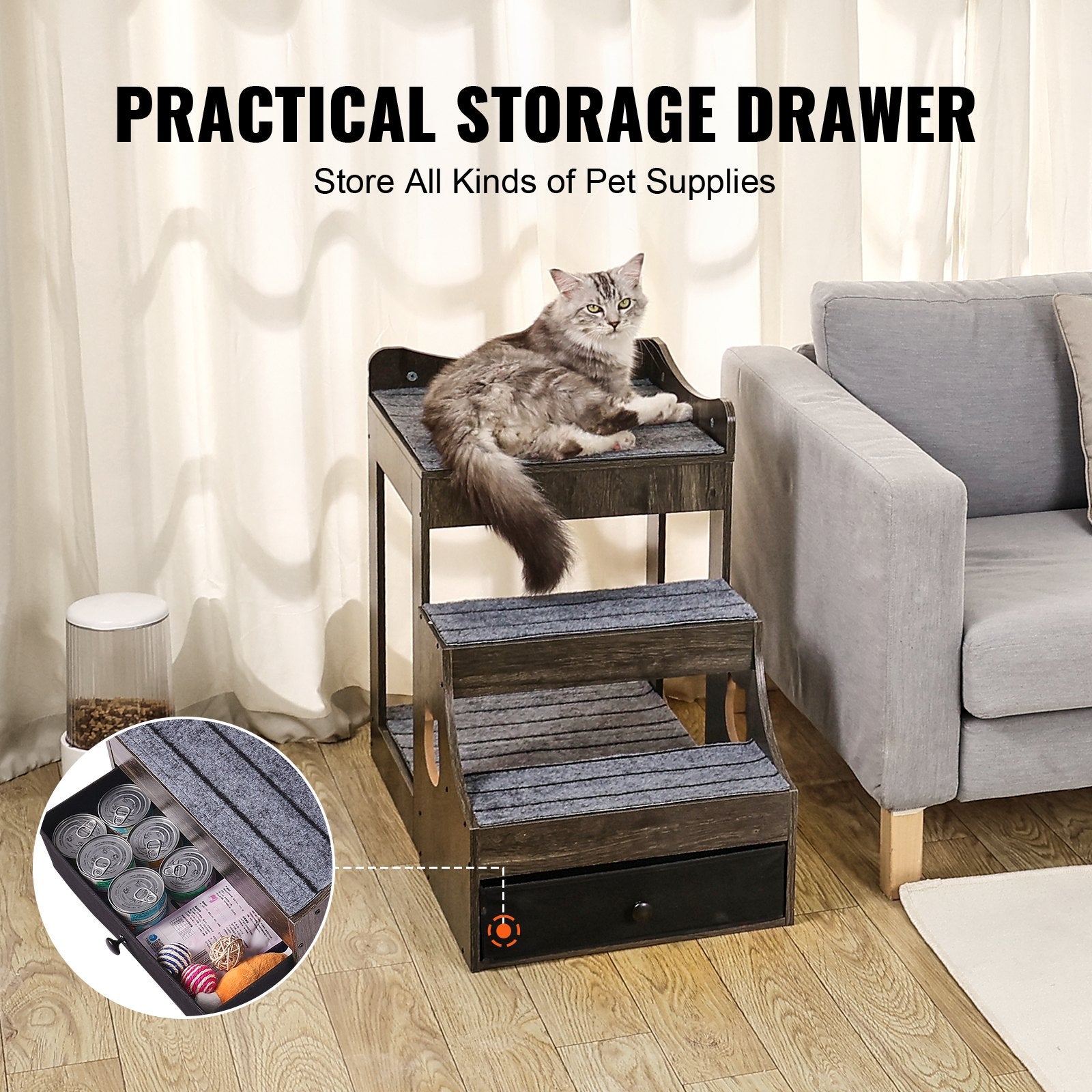 Cat Furniture: VEVOR Pet Bunk Bed with Stairs Dog/Cat Window Perch with Storage Indoor Gray