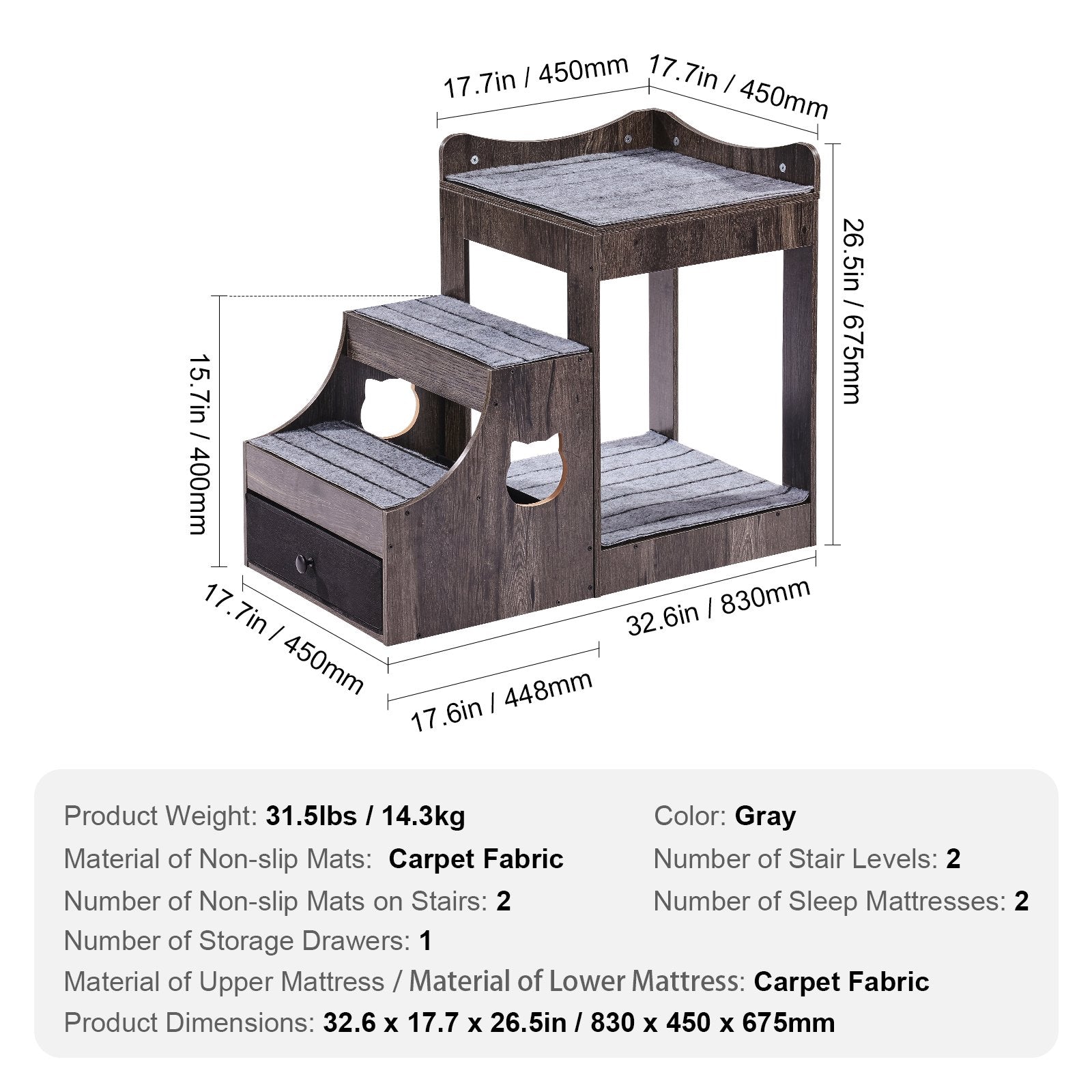 Cat Furniture: VEVOR Pet Bunk Bed with Stairs Dog/Cat Window Perch with Storage Indoor Gray