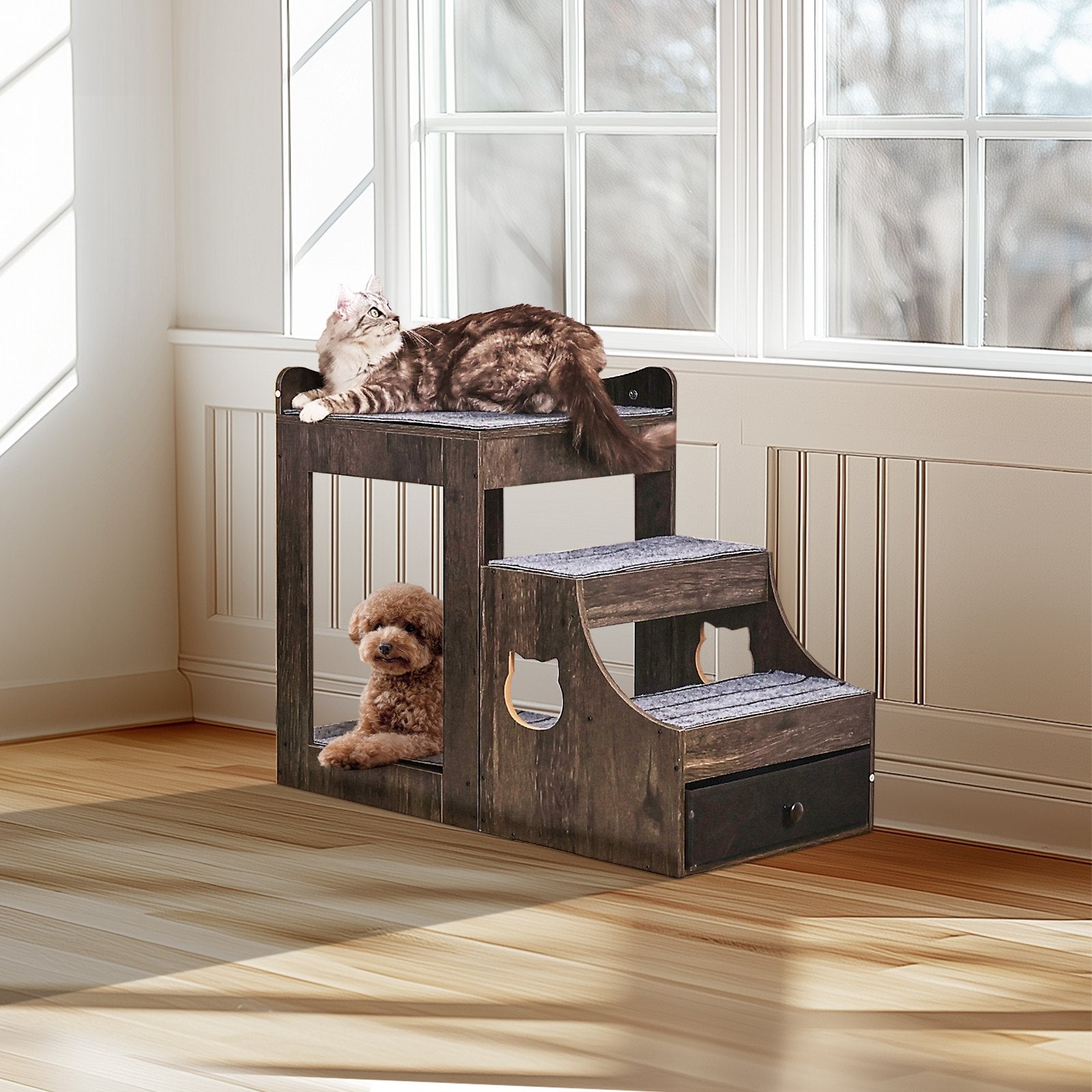 Cat Furniture: VEVOR Pet Bunk Bed with Stairs Dog/Cat Window Perch with Storage Indoor Gray