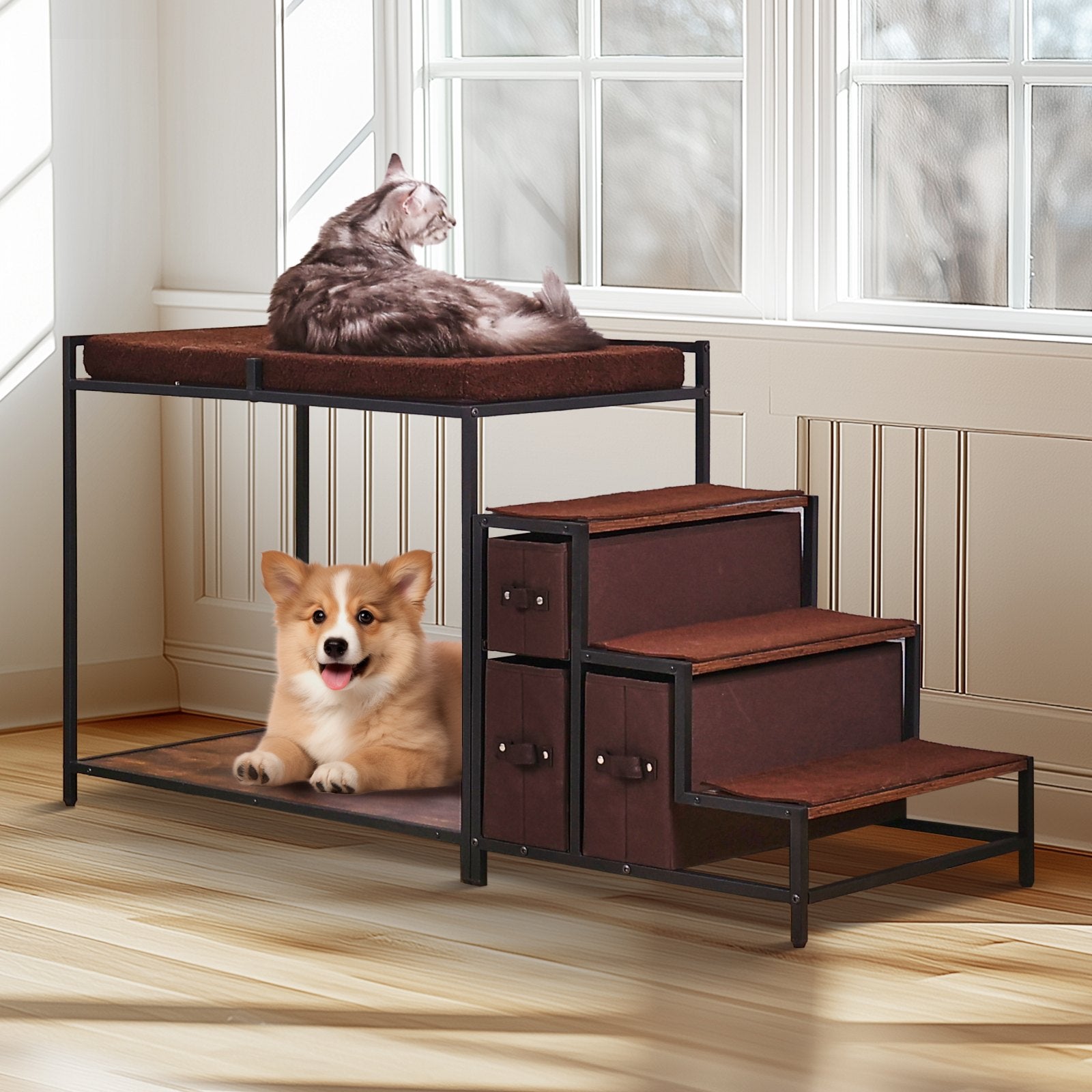 Dog Beds: VEVOR Pet Bunk Bed Dog/Cat Window Perch with Stairs Storage Medium Size