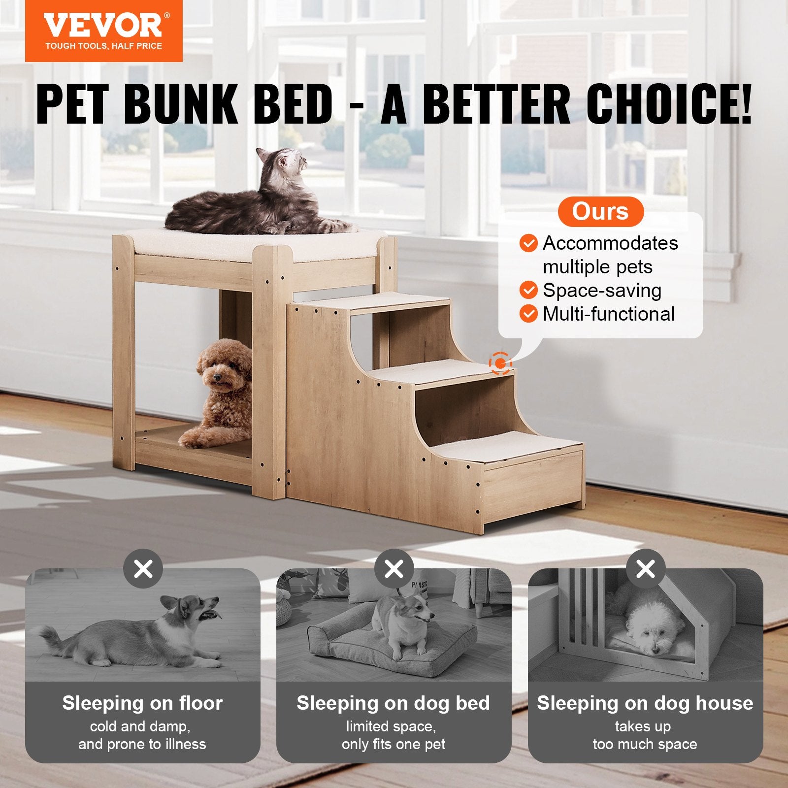 Cat Furniture: VEVOR Pet Bunk Bed with Stairs Dog/Cat Window Perch for Bedside Indoor Use