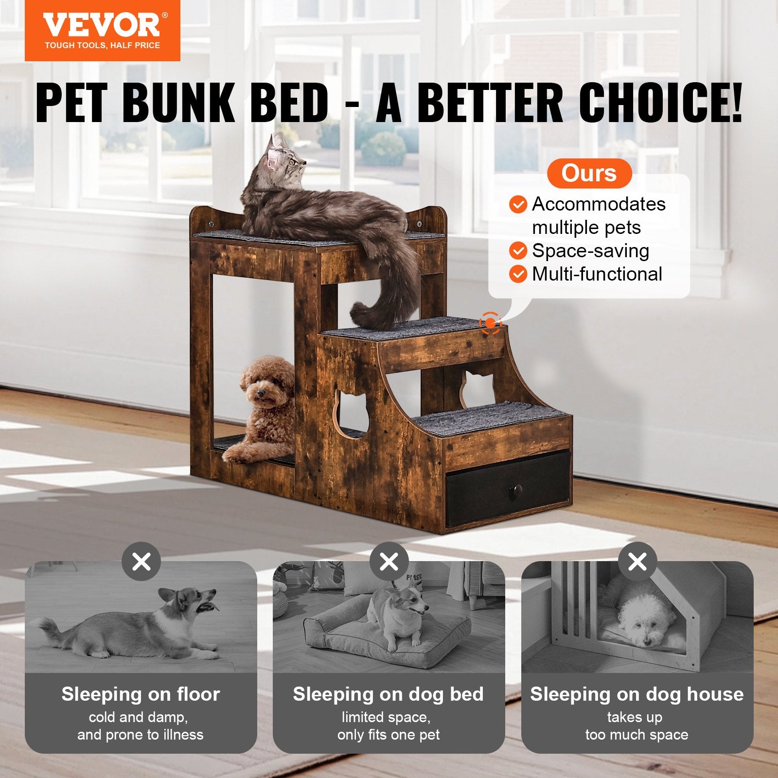 Cat Furniture: VEVOR Pet Bunk Bed with Stairs Dog/Cat Window Perch with Storage Indoor Brown