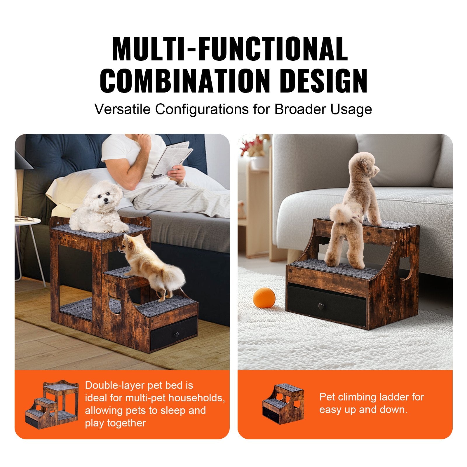 Cat Furniture: VEVOR Pet Bunk Bed with Stairs Dog/Cat Window Perch with Storage Indoor Brown