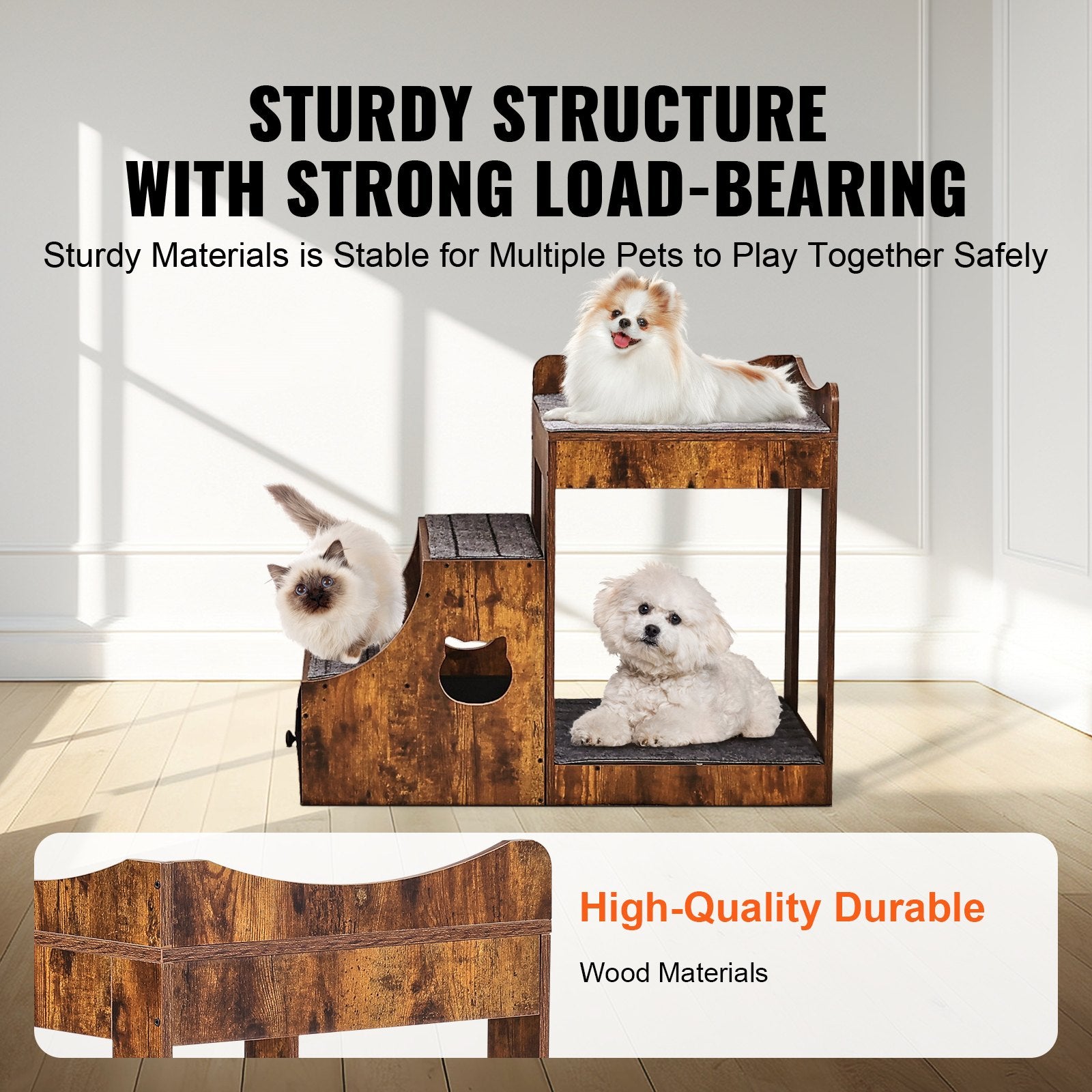 Cat Furniture: VEVOR Pet Bunk Bed with Stairs Dog/Cat Window Perch with Storage Indoor Brown