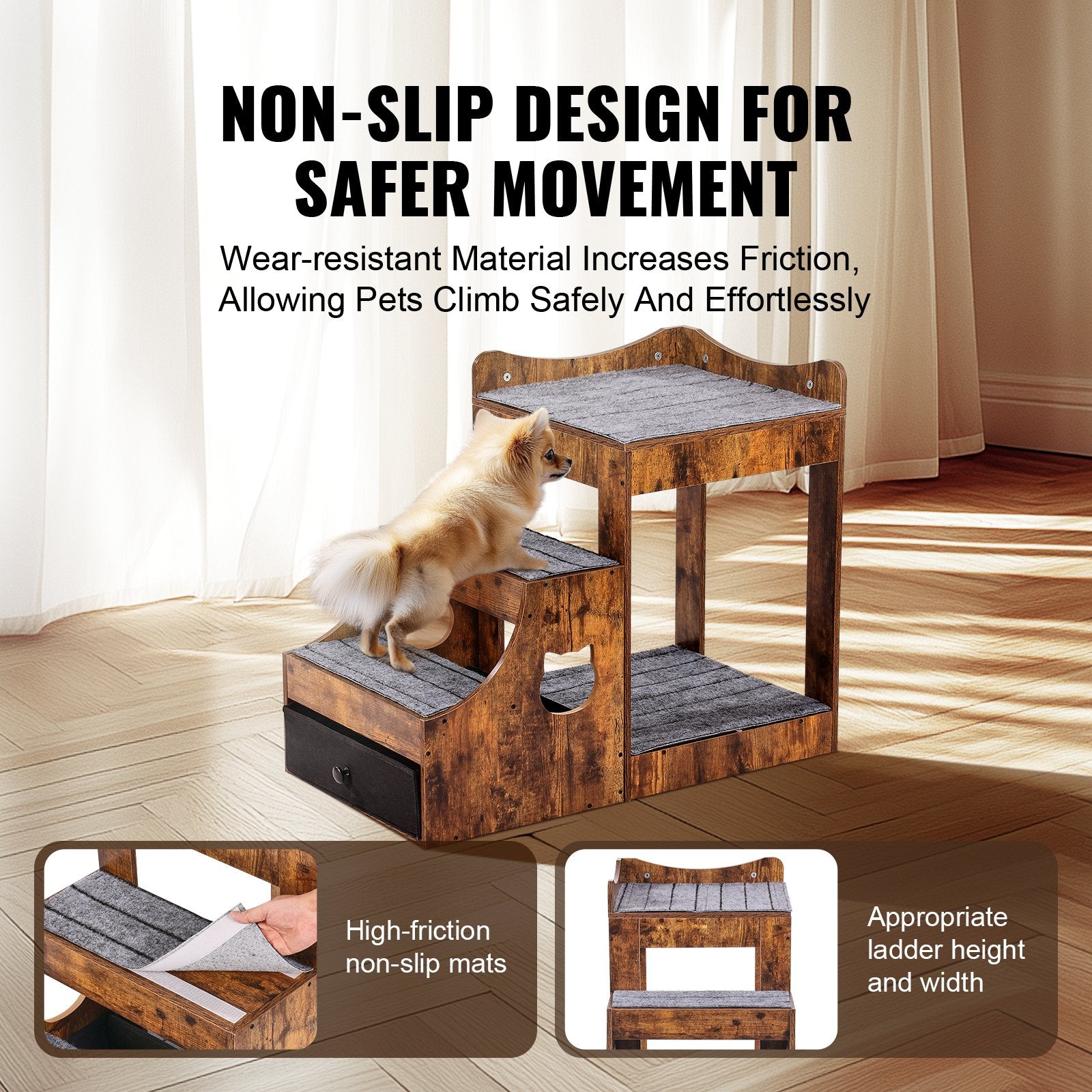 Cat Furniture: VEVOR Pet Bunk Bed with Stairs Dog/Cat Window Perch with Storage Indoor Brown