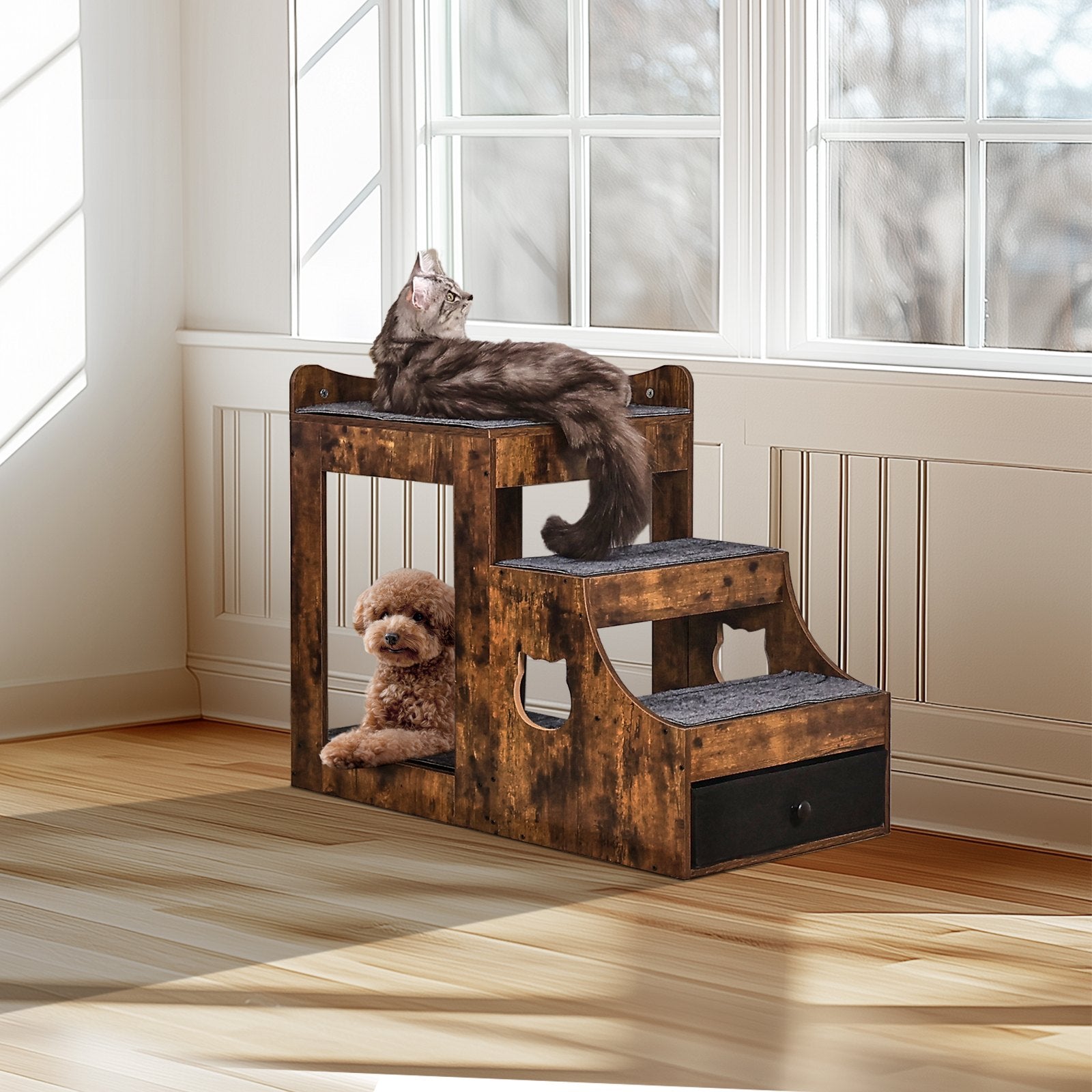 Cat Furniture: VEVOR Pet Bunk Bed with Stairs Dog/Cat Window Perch with Storage Indoor Brown