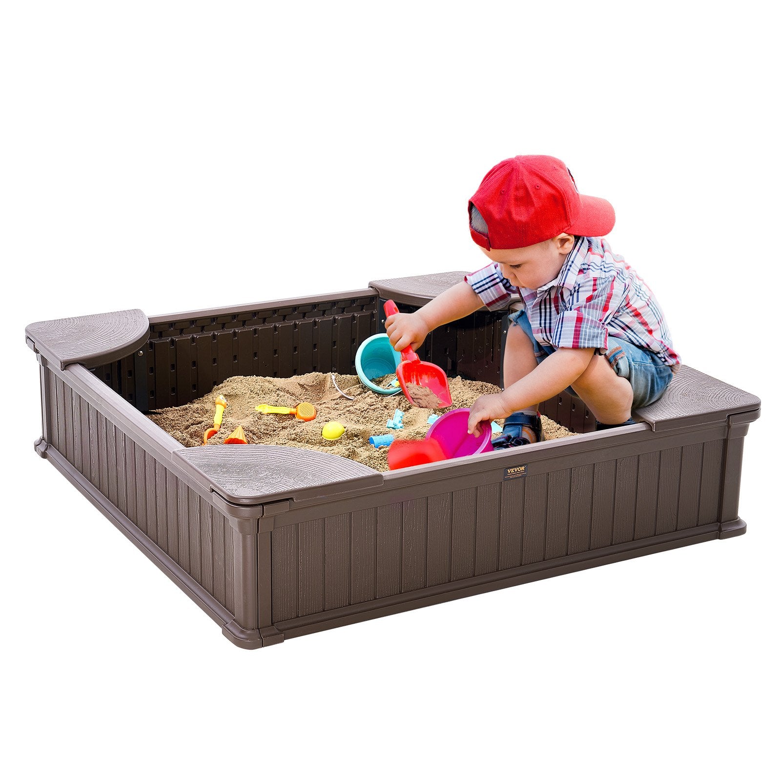 Outdoor Play Equipment: VEVOR Sandbox with Cover, 48.6x48.6x12.4 in Square Sand Box, HDPE Sand Pit with 4 Corner Seating and Bottom Liner, Kids Sandbox for Outdoor Backyard, Beach, Park, Gift for Boys Girls Ages 3-12, Brown