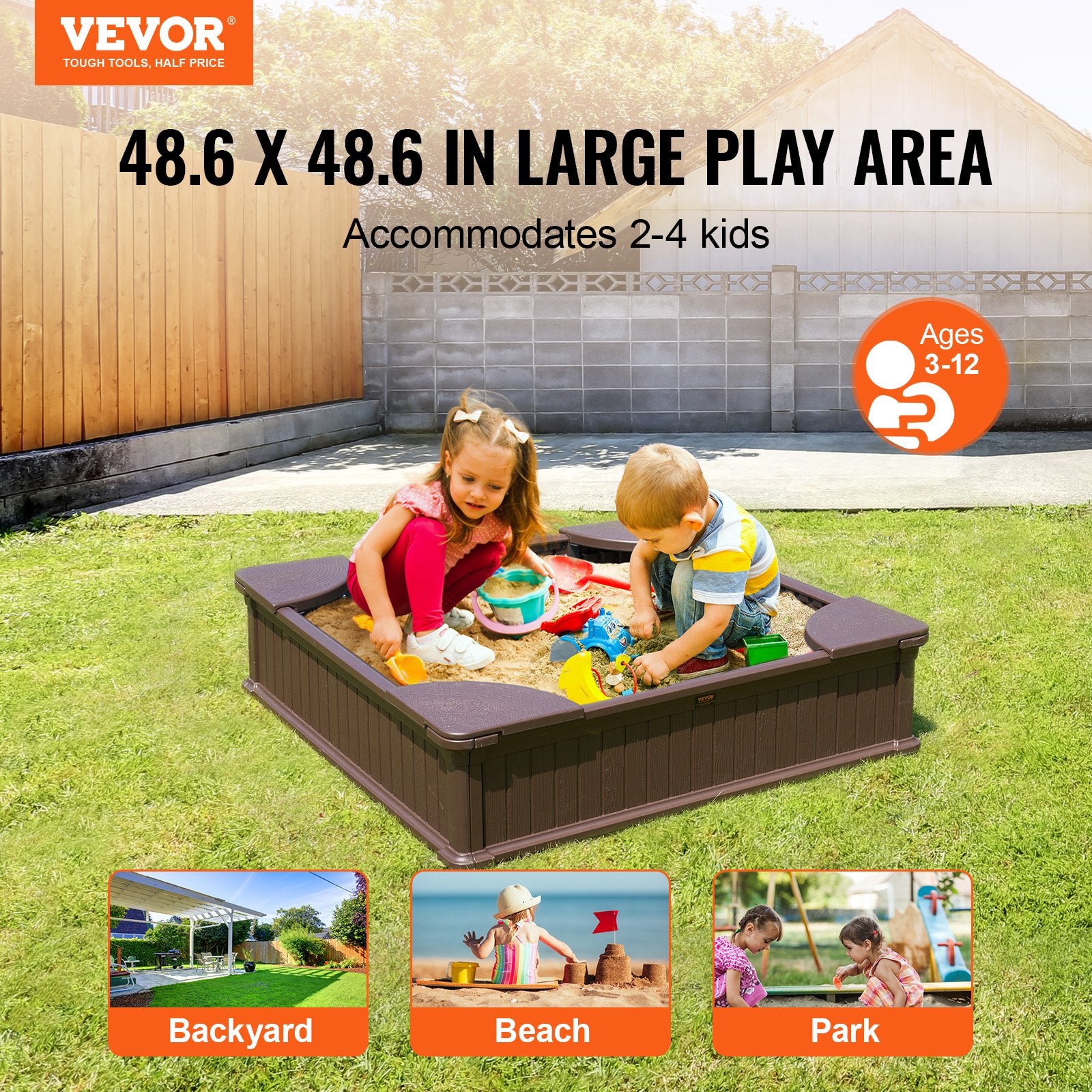 Outdoor Play Equipment: VEVOR Sandbox with Cover, 48.6x48.6x12.4 in Square Sand Box, HDPE Sand Pit with 4 Corner Seating and Bottom Liner, Kids Sandbox for Outdoor Backyard, Beach, Park, Gift for Boys Girls Ages 3-12, Brown