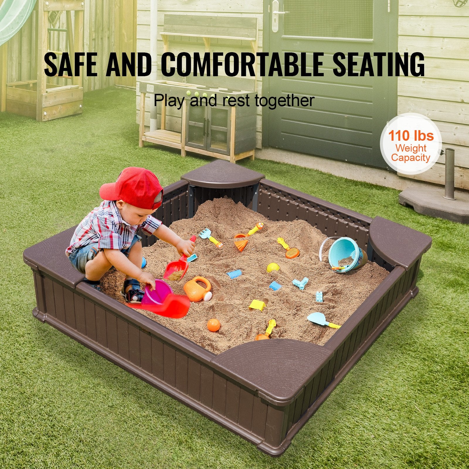 Outdoor Play Equipment: VEVOR Sandbox with Cover, 48.6x48.6x12.4 in Square Sand Box, HDPE Sand Pit with 4 Corner Seating and Bottom Liner, Kids Sandbox for Outdoor Backyard, Beach, Park, Gift for Boys Girls Ages 3-12, Brown