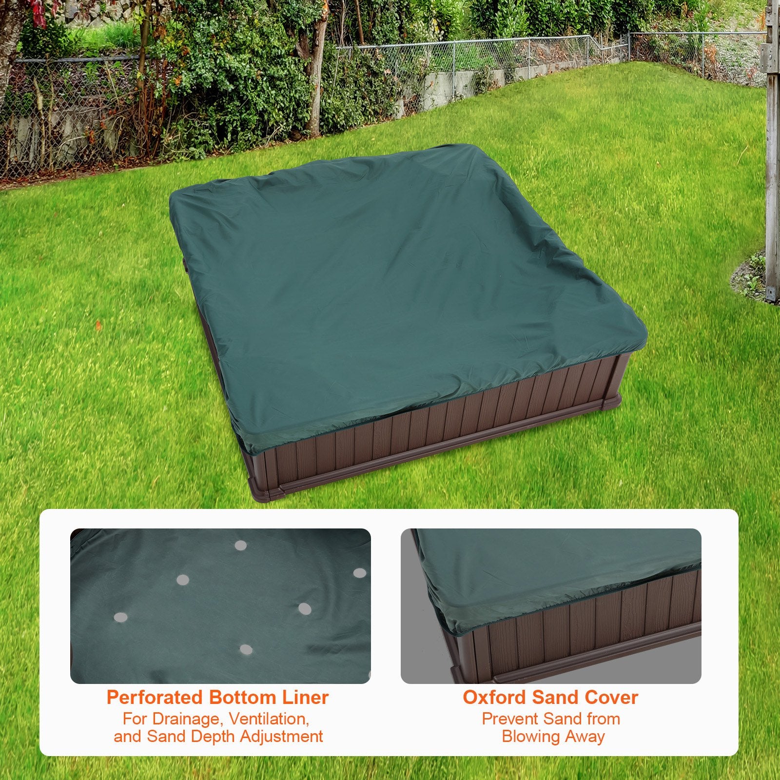 Outdoor Play Equipment: VEVOR Sandbox with Cover, 48.6x48.6x12.4 in Square Sand Box, HDPE Sand Pit with 4 Corner Seating and Bottom Liner, Kids Sandbox for Outdoor Backyard, Beach, Park, Gift for Boys Girls Ages 3-12, Brown