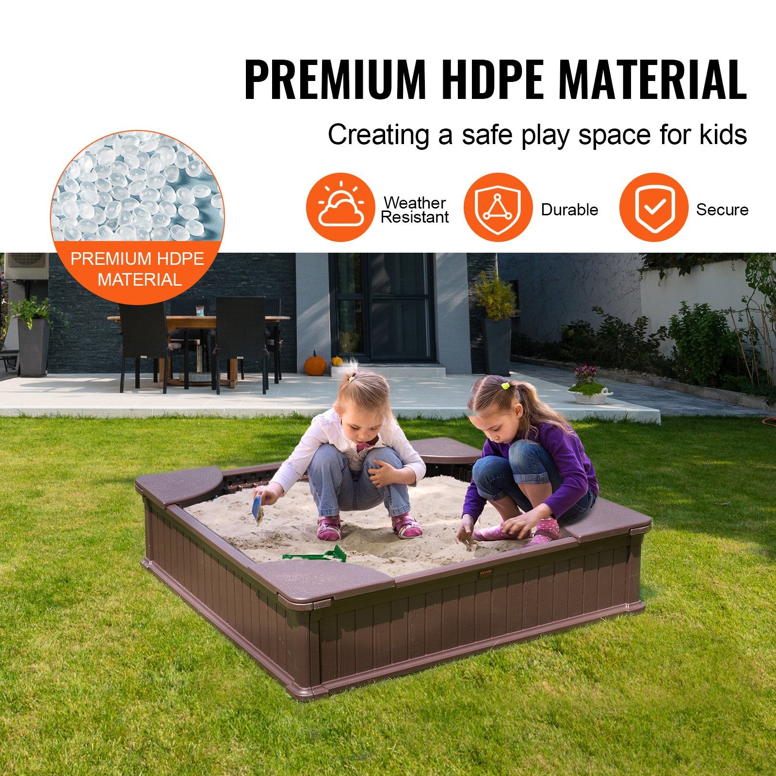 Outdoor Play Equipment: VEVOR Sandbox with Cover, 48.6x48.6x12.4 in Square Sand Box, HDPE Sand Pit with 4 Corner Seating and Bottom Liner, Kids Sandbox for Outdoor Backyard, Beach, Park, Gift for Boys Girls Ages 3-12, Brown