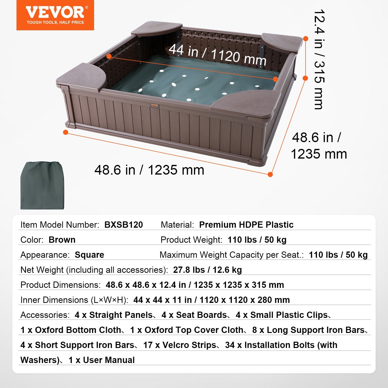 Outdoor Play Equipment: VEVOR Sandbox with Cover, 48.6x48.6x12.4 in Square Sand Box, HDPE Sand Pit with 4 Corner Seating and Bottom Liner, Kids Sandbox for Outdoor Backyard, Beach, Park, Gift for Boys Girls Ages 3-12, Brown