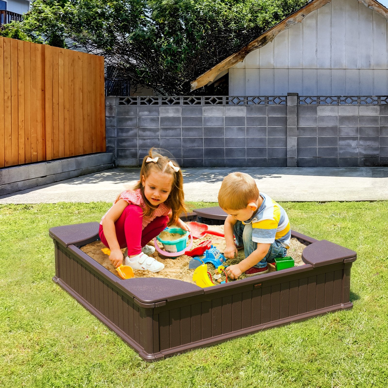 Outdoor Play Equipment: VEVOR Sandbox with Cover, 48.6x48.6x12.4 in Square Sand Box, HDPE Sand Pit with 4 Corner Seating and Bottom Liner, Kids Sandbox for Outdoor Backyard, Beach, Park, Gift for Boys Girls Ages 3-12, Brown