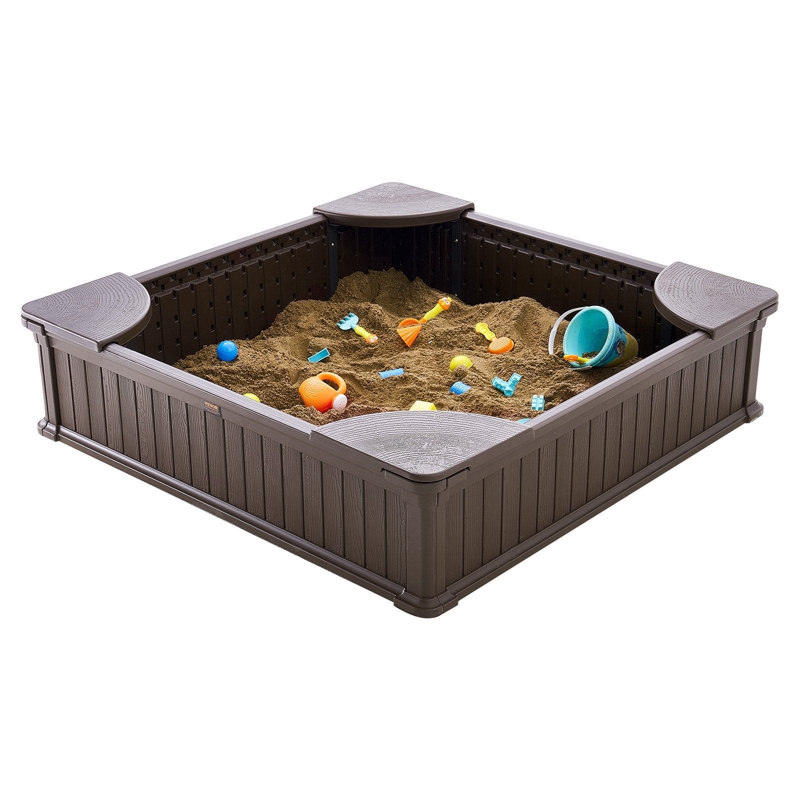 Outdoor Play Equipment: VEVOR Sandbox with Cover, 48.6x48.6x12.4 in Square Sand Box, HDPE Sand Pit with 4 Corner Seating and Bottom Liner, Kids Sandbox for Outdoor Backyard, Beach, Park, Gift for Boys Girls Ages 3-12, Brown
