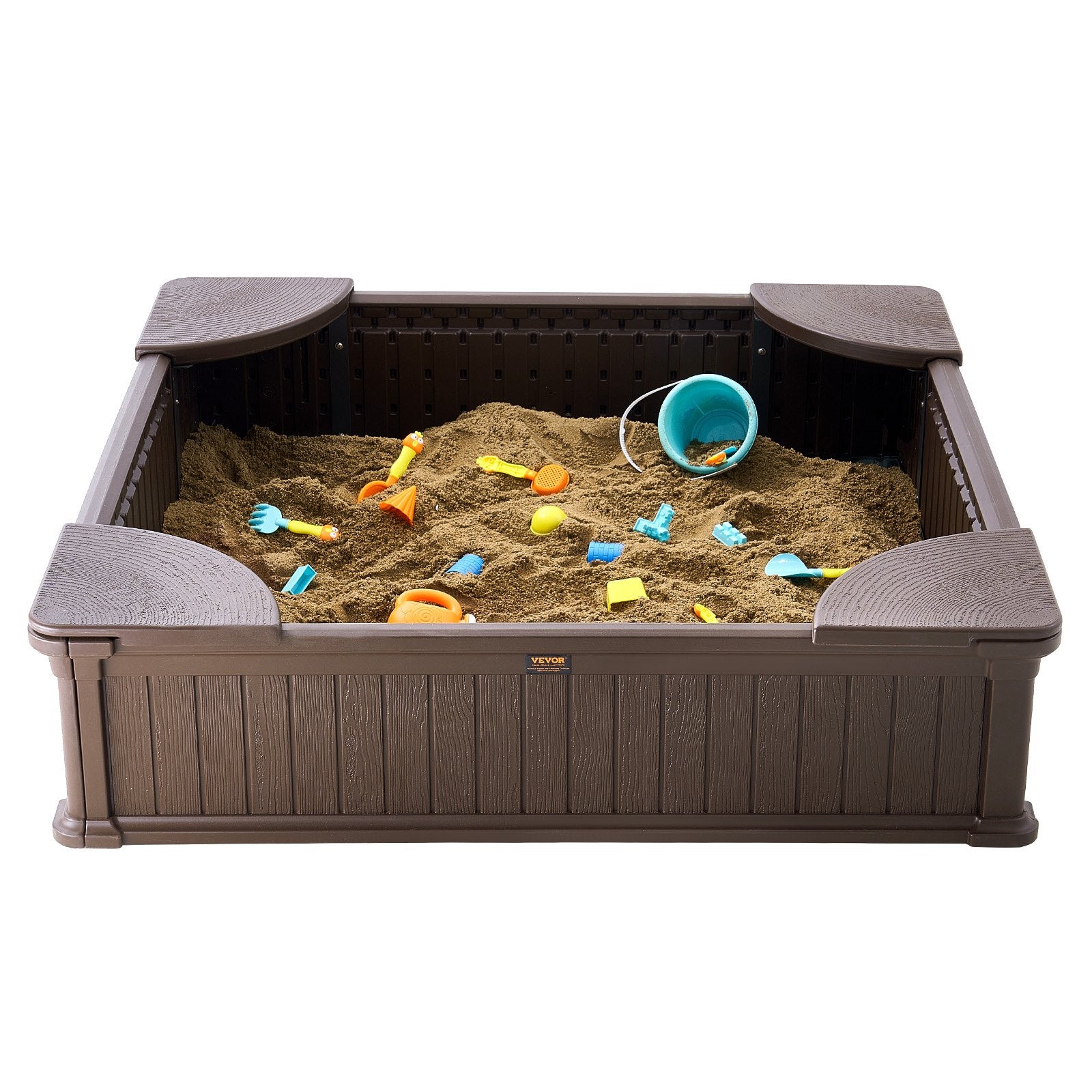 Outdoor Play Equipment: VEVOR Sandbox with Cover, 48.6x48.6x12.4 in Square Sand Box, HDPE Sand Pit with 4 Corner Seating and Bottom Liner, Kids Sandbox for Outdoor Backyard, Beach, Park, Gift for Boys Girls Ages 3-12, Brown