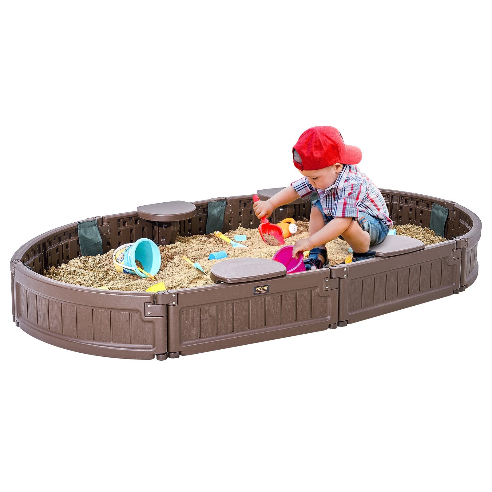 Outdoor Play Equipment: VEVOR Sandbox with Cover, 72 x 41.5 x 9.1 in Oval Sand Box, HDPE Sand Pit with 4 Corner Seating and Bottom Liner, Kids Sandbox for Outdoor Backyard, Beach, Park, Gift for Boys Girls Ages 3-12, Brown