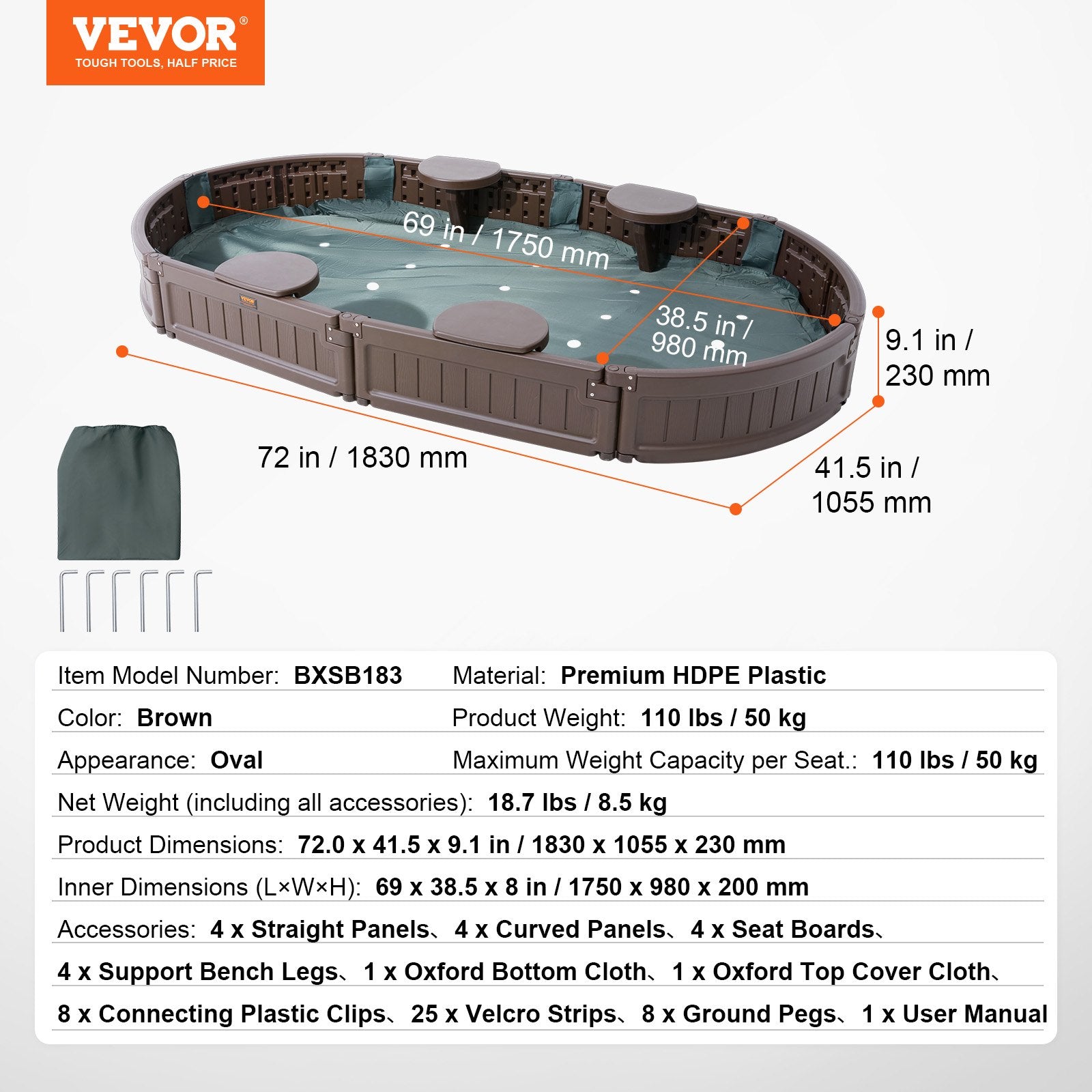 Outdoor Play Equipment: VEVOR Sandbox with Cover, 72 x 41.5 x 9.1 in Oval Sand Box, HDPE Sand Pit with 4 Corner Seating and Bottom Liner, Kids Sandbox for Outdoor Backyard, Beach, Park, Gift for Boys Girls Ages 3-12, Brown