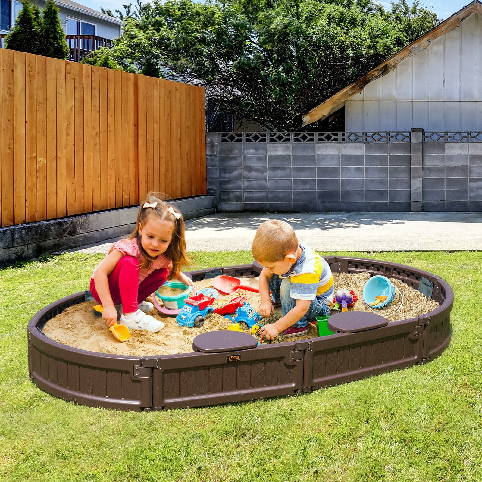 Outdoor Play Equipment: VEVOR Sandbox with Cover, 72 x 41.5 x 9.1 in Oval Sand Box, HDPE Sand Pit with 4 Corner Seating and Bottom Liner, Kids Sandbox for Outdoor Backyard, Beach, Park, Gift for Boys Girls Ages 3-12, Brown