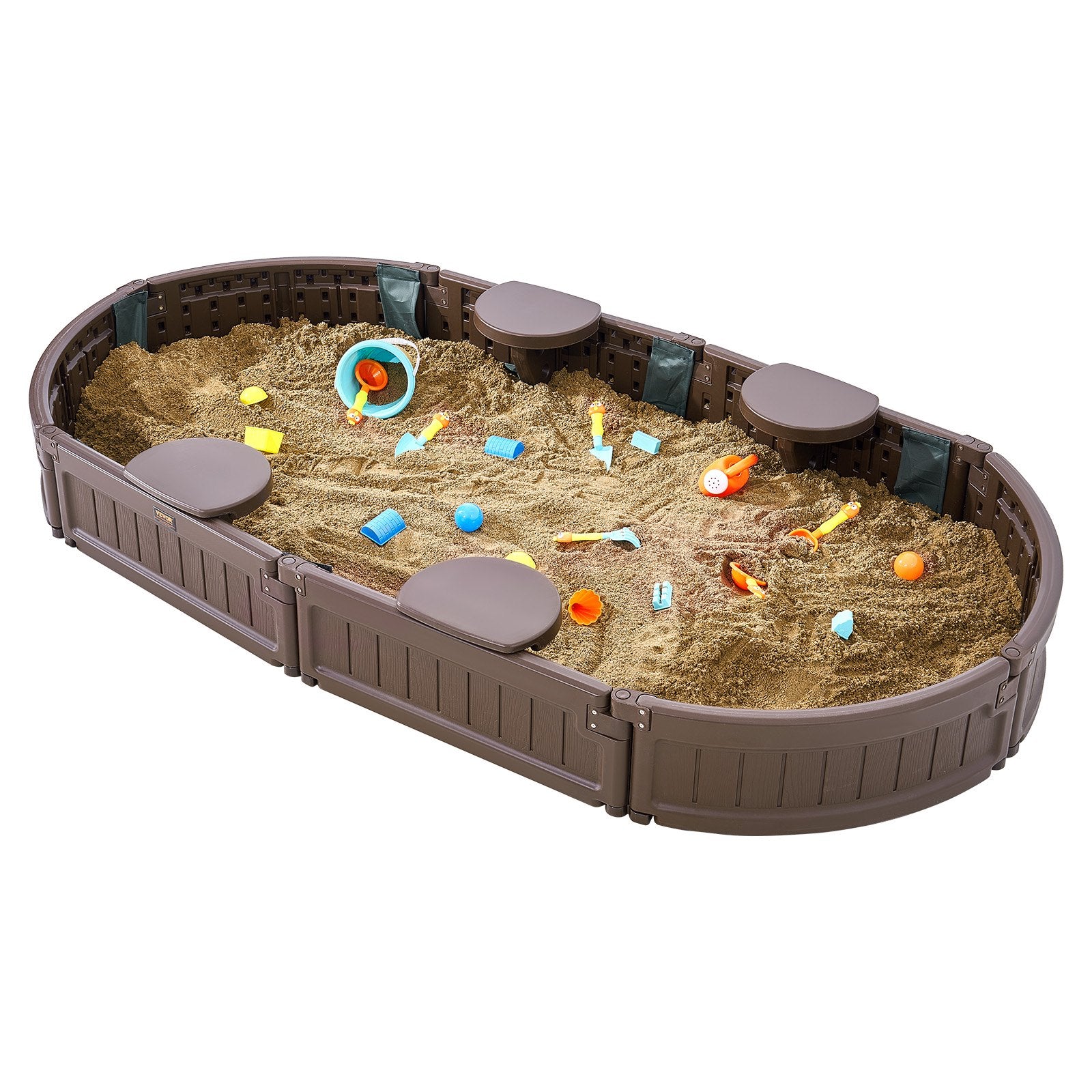 Outdoor Play Equipment: VEVOR Sandbox with Cover, 72 x 41.5 x 9.1 in Oval Sand Box, HDPE Sand Pit with 4 Corner Seating and Bottom Liner, Kids Sandbox for Outdoor Backyard, Beach, Park, Gift for Boys Girls Ages 3-12, Brown