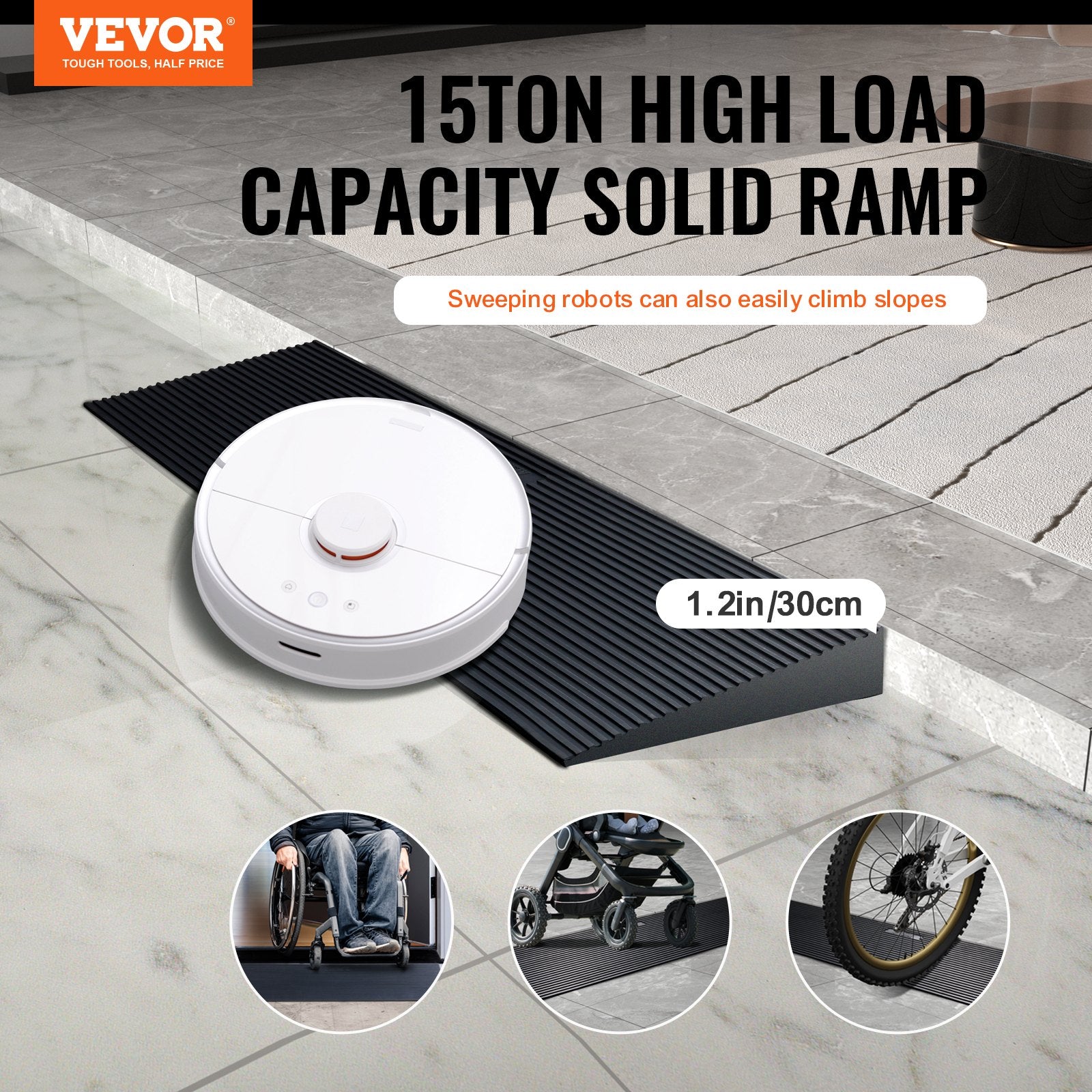 Dog Steps & Ramps: VEVOR 3 cm Rise Cuttable Threshold Ramp for Sweeping Robot, 90 cm Wide Natural Rubber Wheelchair Ramp, Non-Slip Solid Rubber Ramp with Double-Sided Tape for Doorways, Driveways, Bathroom, Smooth Tile