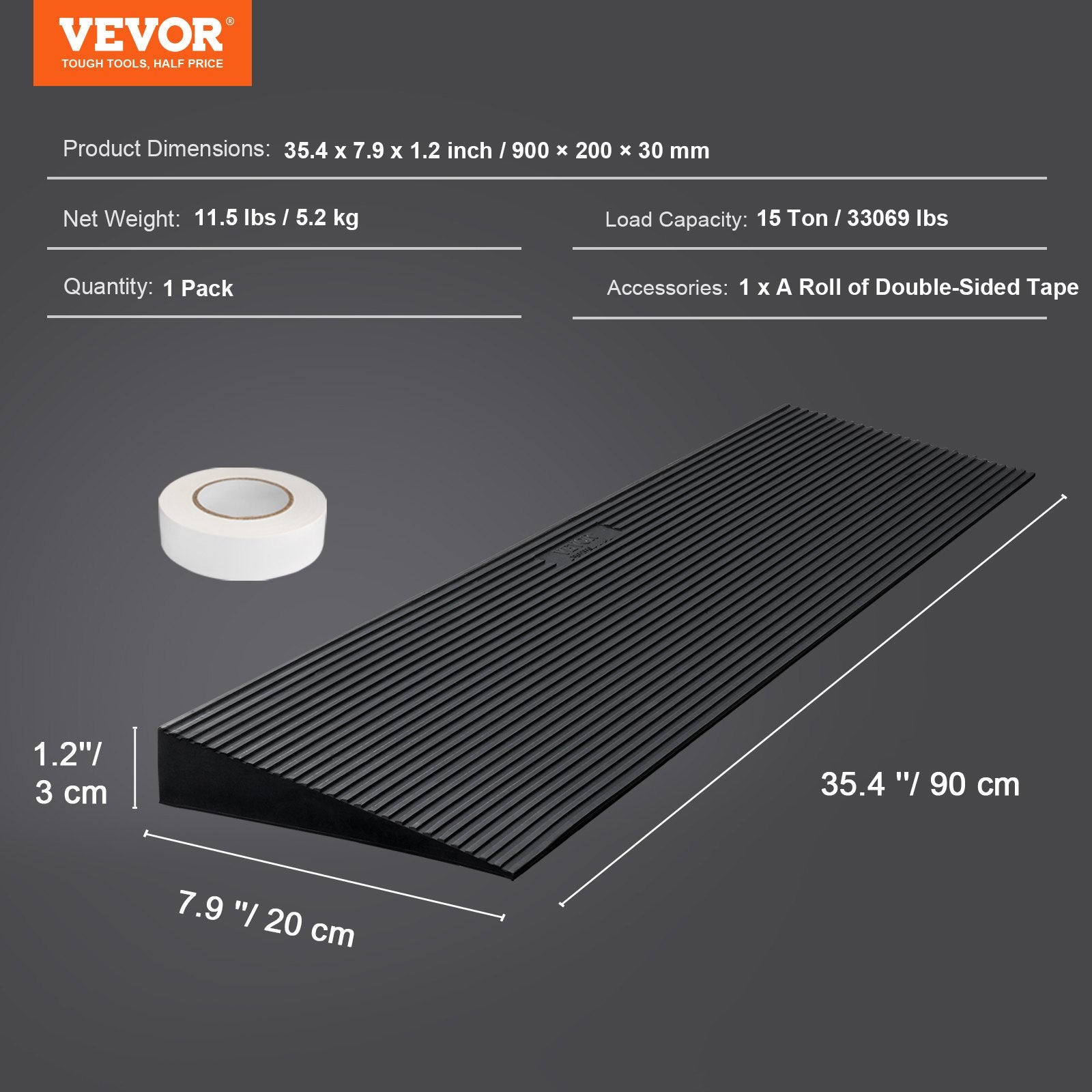 Dog Steps & Ramps: VEVOR 3 cm Rise Cuttable Threshold Ramp for Sweeping Robot, 90 cm Wide Natural Rubber Wheelchair Ramp, Non-Slip Solid Rubber Ramp with Double-Sided Tape for Doorways, Driveways, Bathroom, Smooth Tile