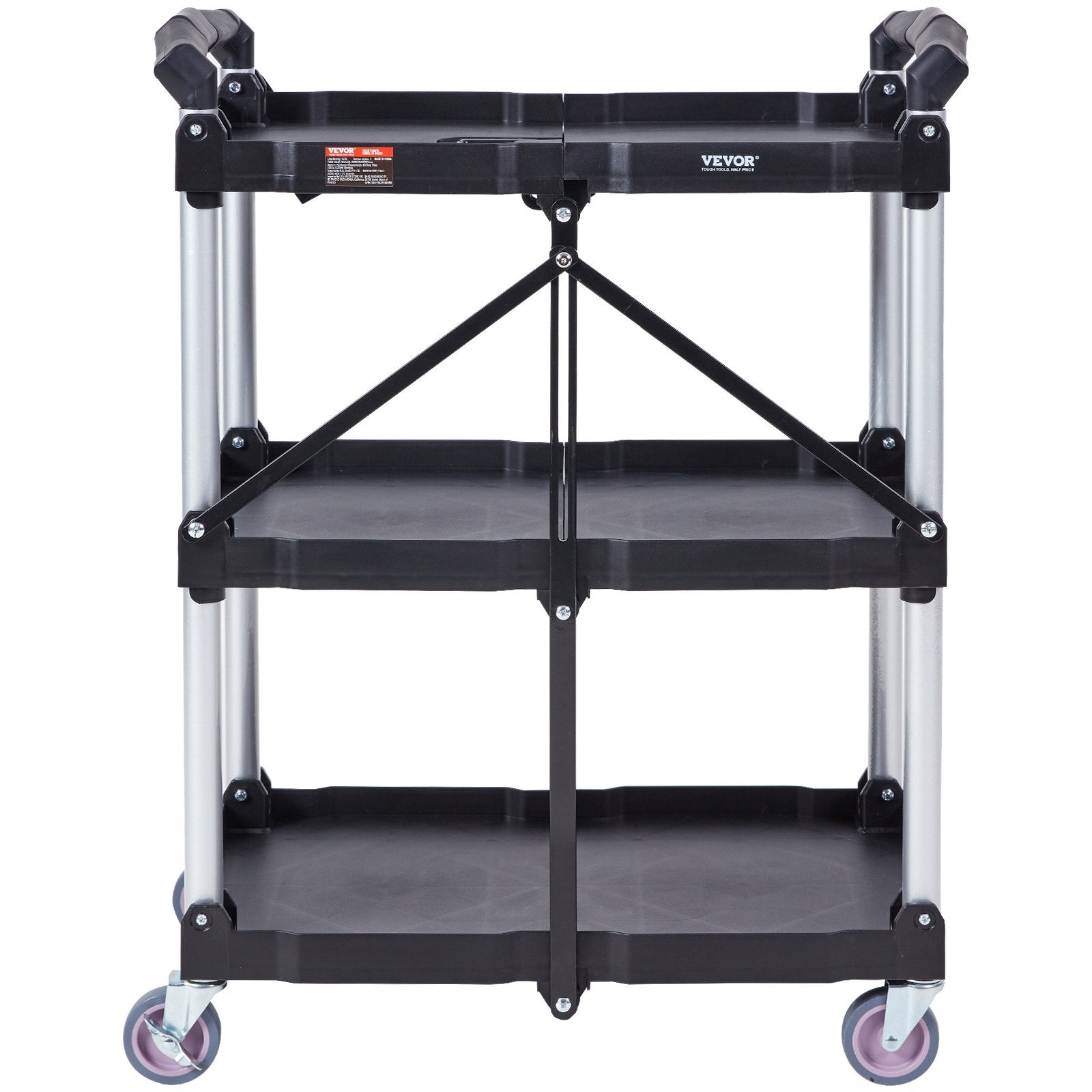 Cat Litter: VEVOR Foldable Utility Service Cart, 3 Shelf 165LBS Heavy Duty Plastic Rolling Cart with Lockable Wheels, Ergonomic Handle, Portable Garage Tool Cart for Warehouse/Office/Home(25.62"x15.43"x32.76")